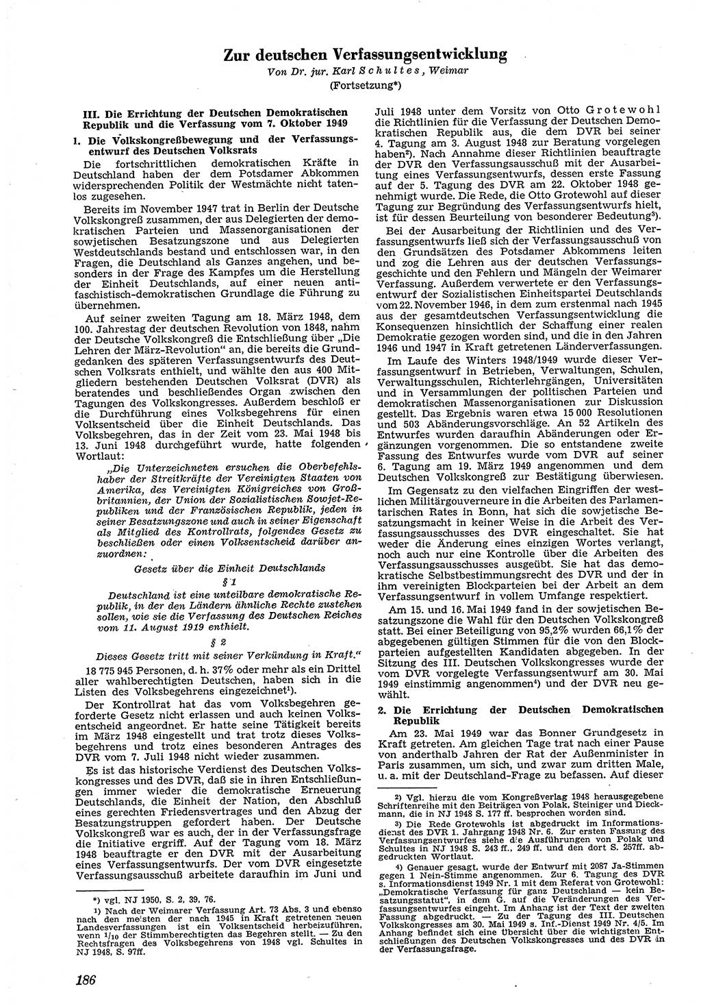 Neue Justiz (NJ), Zeitschrift für Recht und Rechtswissenschaft [Deutsche Demokratische Republik (DDR)], 4. Jahrgang 1950, Seite 186 (NJ DDR 1950, S. 186)