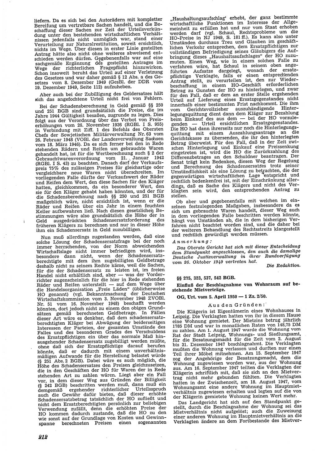 Neue Justiz (NJ), Zeitschrift für Recht und Rechtswissenschaft [Deutsche Demokratische Republik (DDR)], 4. Jahrgang 1950, Seite 212 (NJ DDR 1950, S. 212)