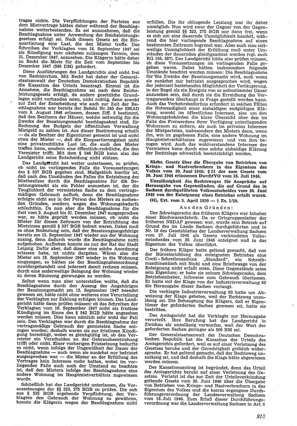 Neue Justiz (NJ), Zeitschrift für Recht und Rechtswissenschaft [Deutsche Demokratische Republik (DDR)], 4. Jahrgang 1950, Seite 213 (NJ DDR 1950, S. 213)