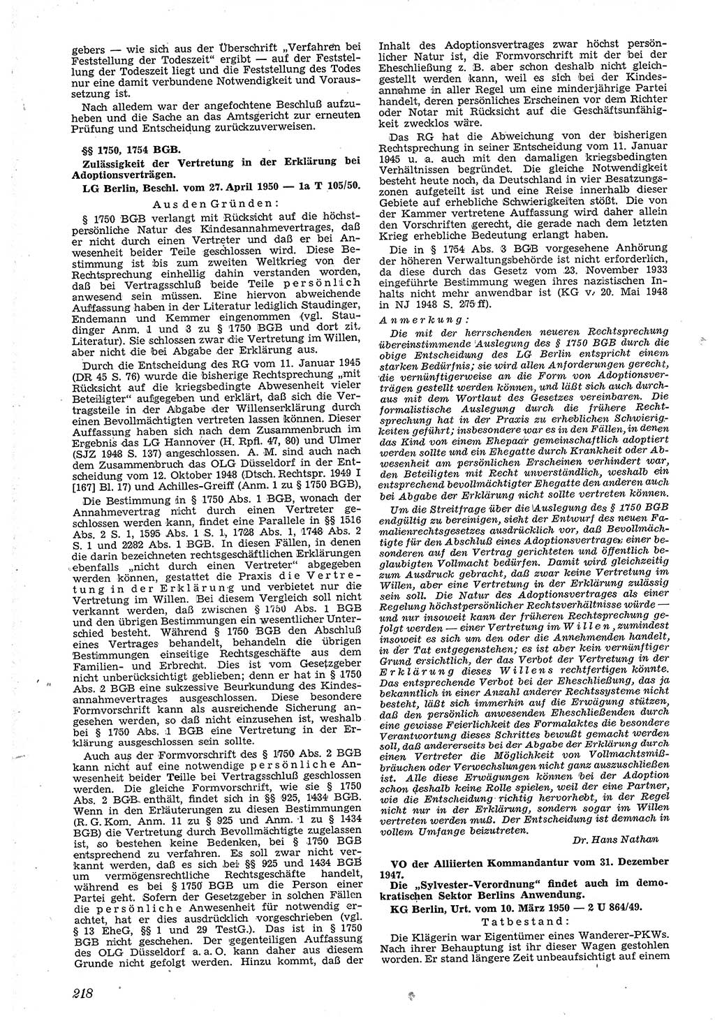 Neue Justiz (NJ), Zeitschrift für Recht und Rechtswissenschaft [Deutsche Demokratische Republik (DDR)], 4. Jahrgang 1950, Seite 218 (NJ DDR 1950, S. 218)