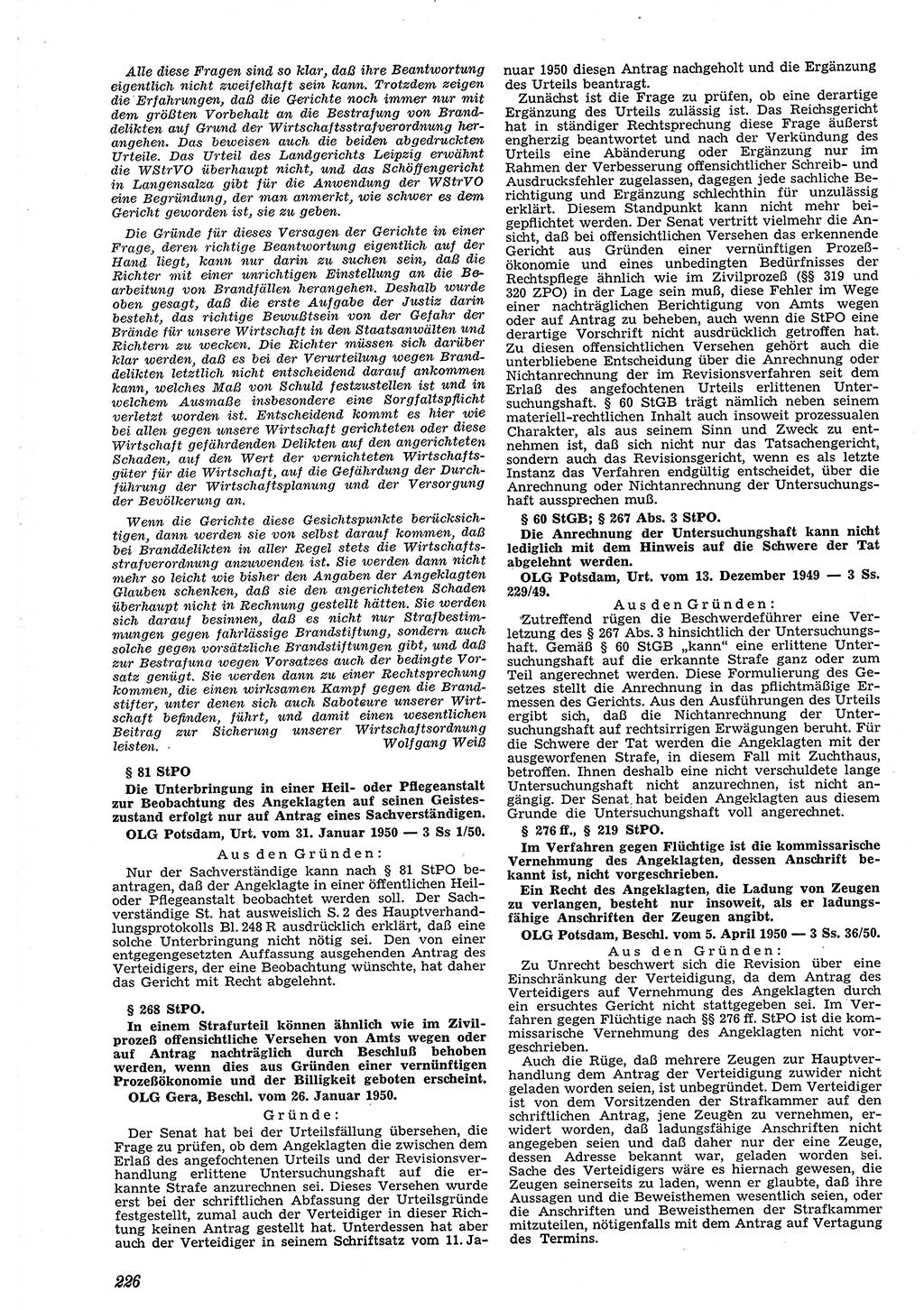 Neue Justiz (NJ), Zeitschrift für Recht und Rechtswissenschaft [Deutsche Demokratische Republik (DDR)], 4. Jahrgang 1950, Seite 226 (NJ DDR 1950, S. 226)