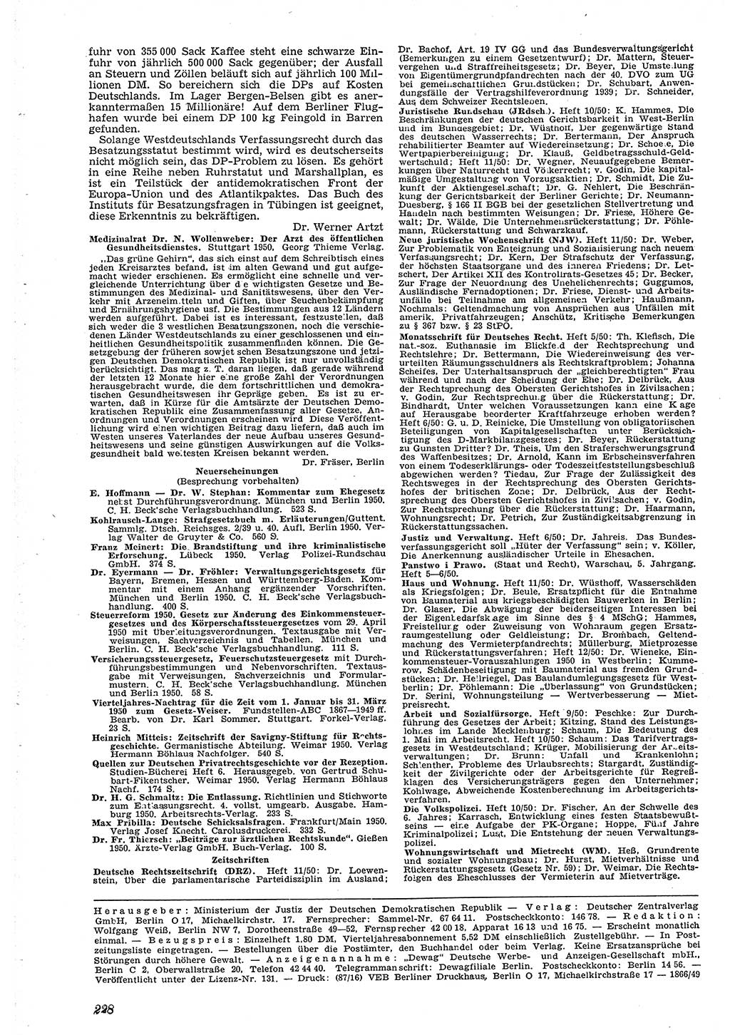Neue Justiz (NJ), Zeitschrift für Recht und Rechtswissenschaft [Deutsche Demokratische Republik (DDR)], 4. Jahrgang 1950, Seite 228 (NJ DDR 1950, S. 228)