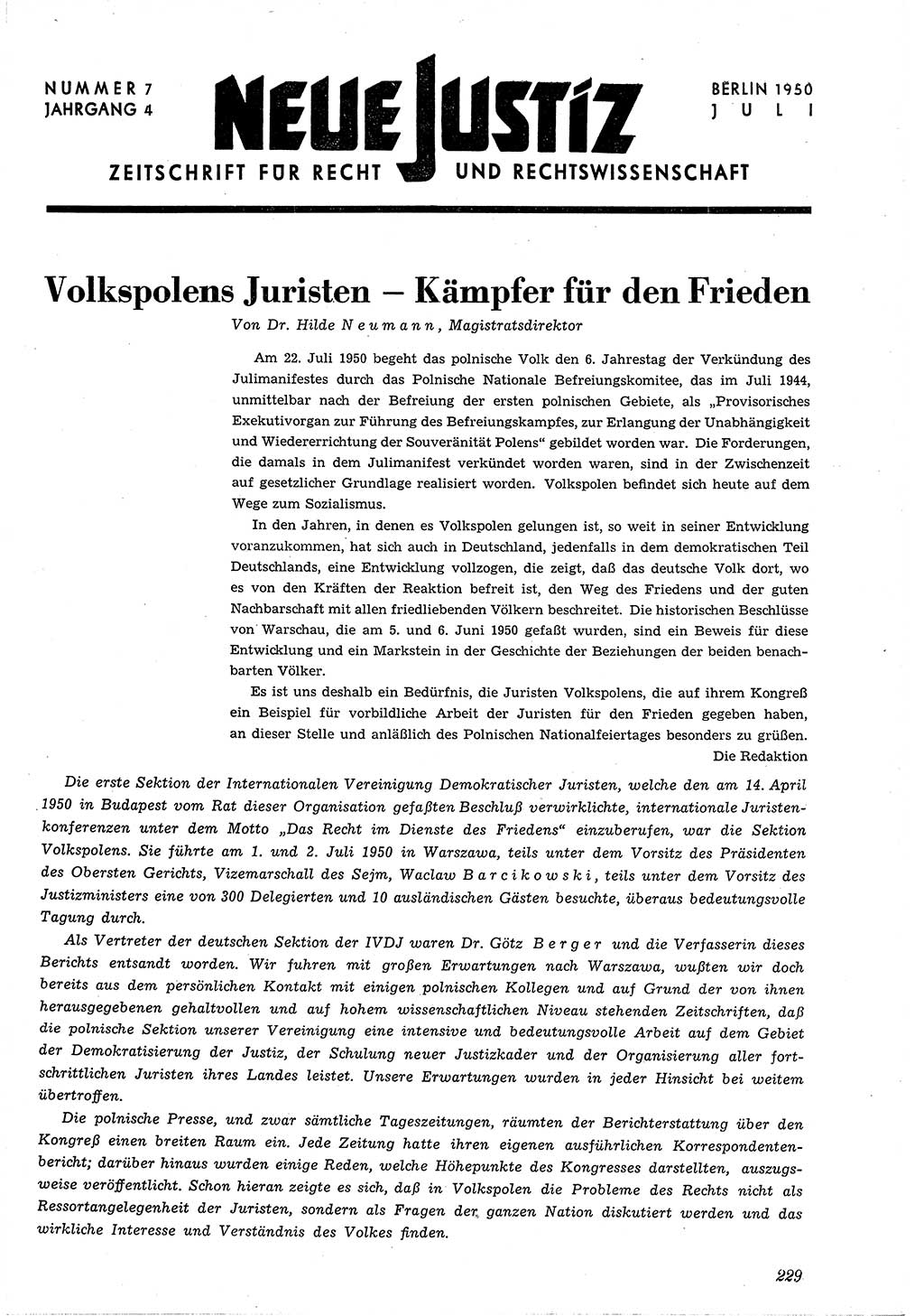 Neue Justiz (NJ), Zeitschrift für Recht und Rechtswissenschaft [Deutsche Demokratische Republik (DDR)], 4. Jahrgang 1950, Seite 229 (NJ DDR 1950, S. 229)