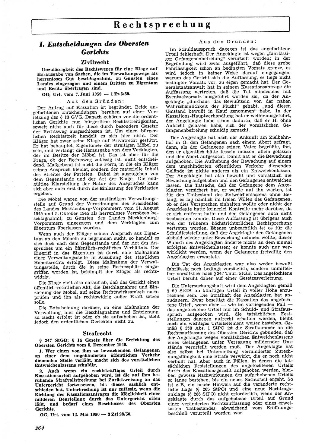 Neue Justiz (NJ), Zeitschrift für Recht und Rechtswissenschaft [Deutsche Demokratische Republik (DDR)], 4. Jahrgang 1950, Seite 262 (NJ DDR 1950, S. 262)