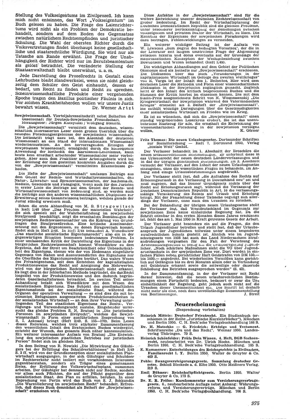 Neue Justiz (NJ), Zeitschrift für Recht und Rechtswissenschaft [Deutsche Demokratische Republik (DDR)], 4. Jahrgang 1950, Seite 275 (NJ DDR 1950, S. 275)