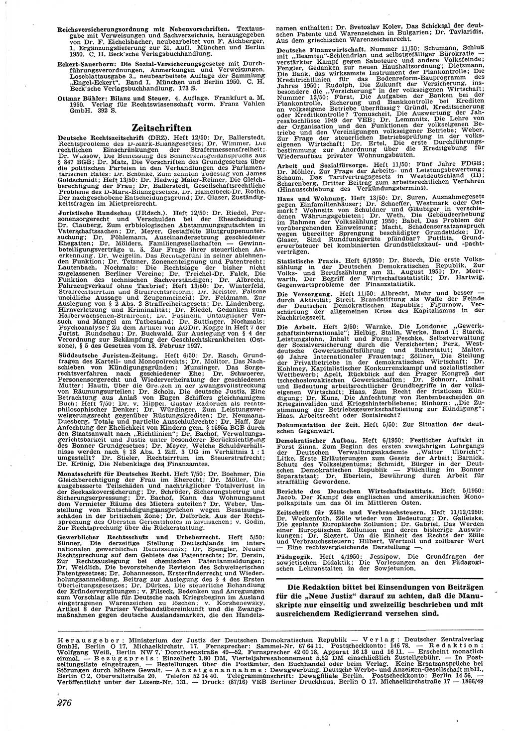 Neue Justiz (NJ), Zeitschrift für Recht und Rechtswissenschaft [Deutsche Demokratische Republik (DDR)], 4. Jahrgang 1950, Seite 276 (NJ DDR 1950, S. 276)