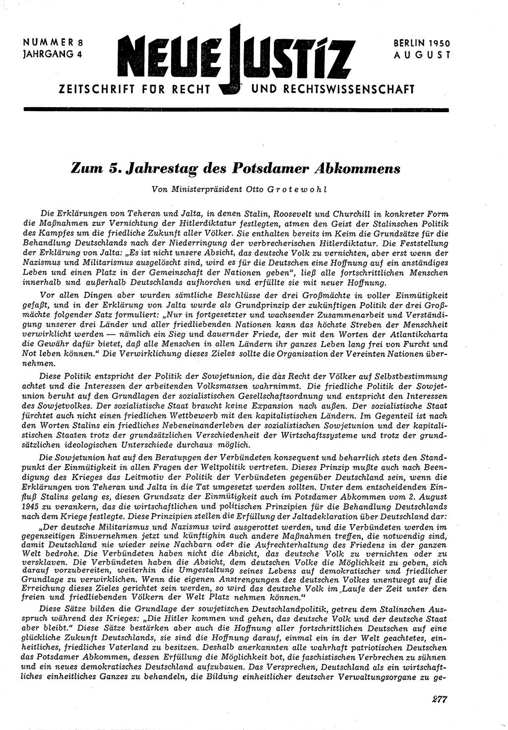 Neue Justiz (NJ), Zeitschrift für Recht und Rechtswissenschaft [Deutsche Demokratische Republik (DDR)], 4. Jahrgang 1950, Seite 277 (NJ DDR 1950, S. 277)
