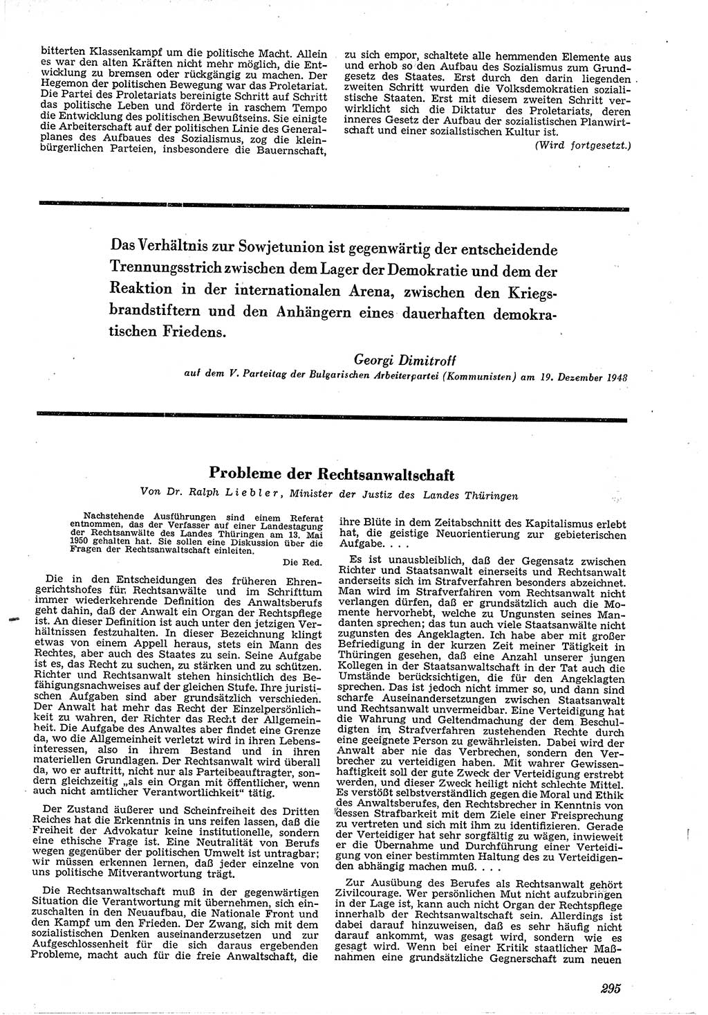 Neue Justiz (NJ), Zeitschrift für Recht und Rechtswissenschaft [Deutsche Demokratische Republik (DDR)], 4. Jahrgang 1950, Seite 295 (NJ DDR 1950, S. 295)