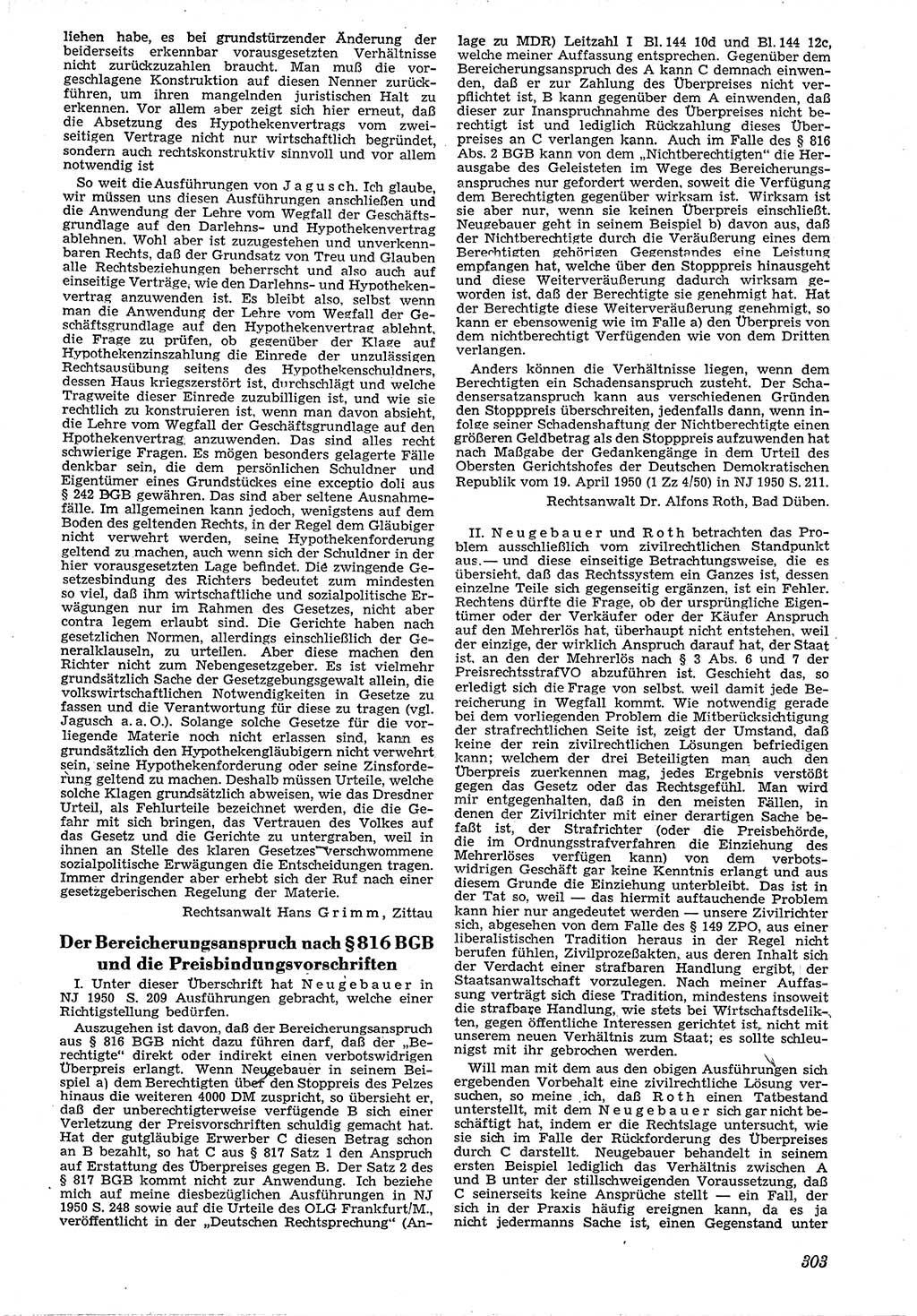 Neue Justiz (NJ), Zeitschrift für Recht und Rechtswissenschaft [Deutsche Demokratische Republik (DDR)], 4. Jahrgang 1950, Seite 303 (NJ DDR 1950, S. 303)