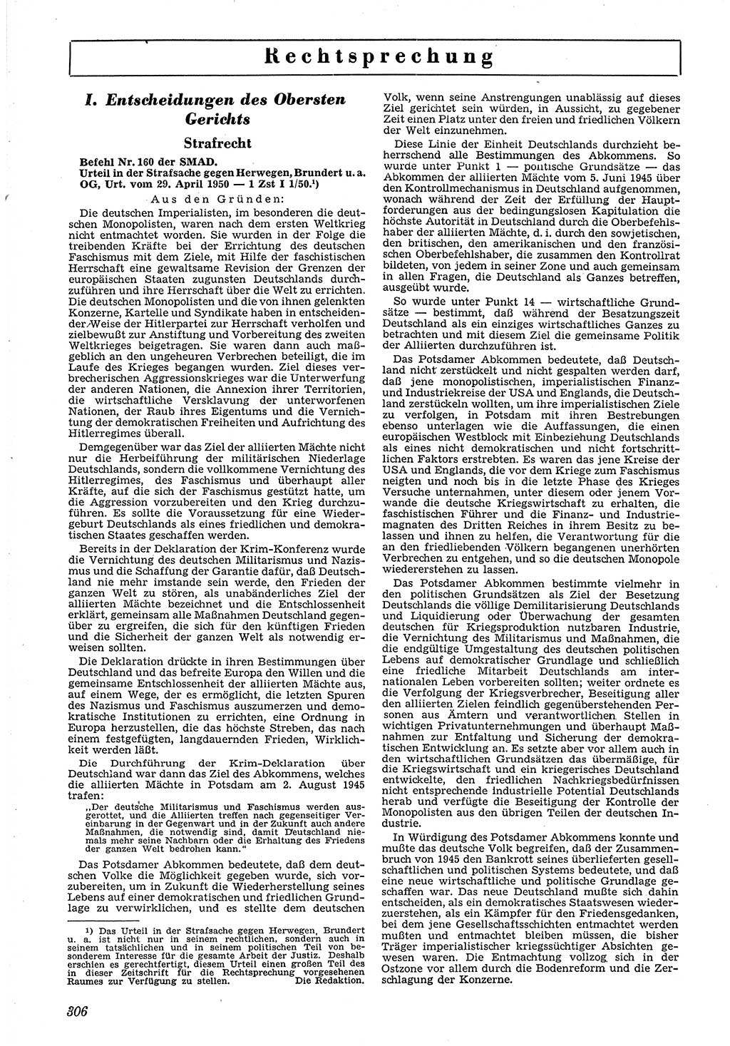 Neue Justiz (NJ), Zeitschrift für Recht und Rechtswissenschaft [Deutsche Demokratische Republik (DDR)], 4. Jahrgang 1950, Seite 306 (NJ DDR 1950, S. 306)