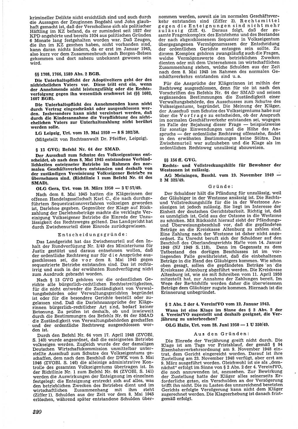 Neue Justiz (NJ), Zeitschrift für Recht und Rechtswissenschaft [Deutsche Demokratische Republik (DDR)], 4. Jahrgang 1950, Seite 320 (NJ DDR 1950, S. 320)