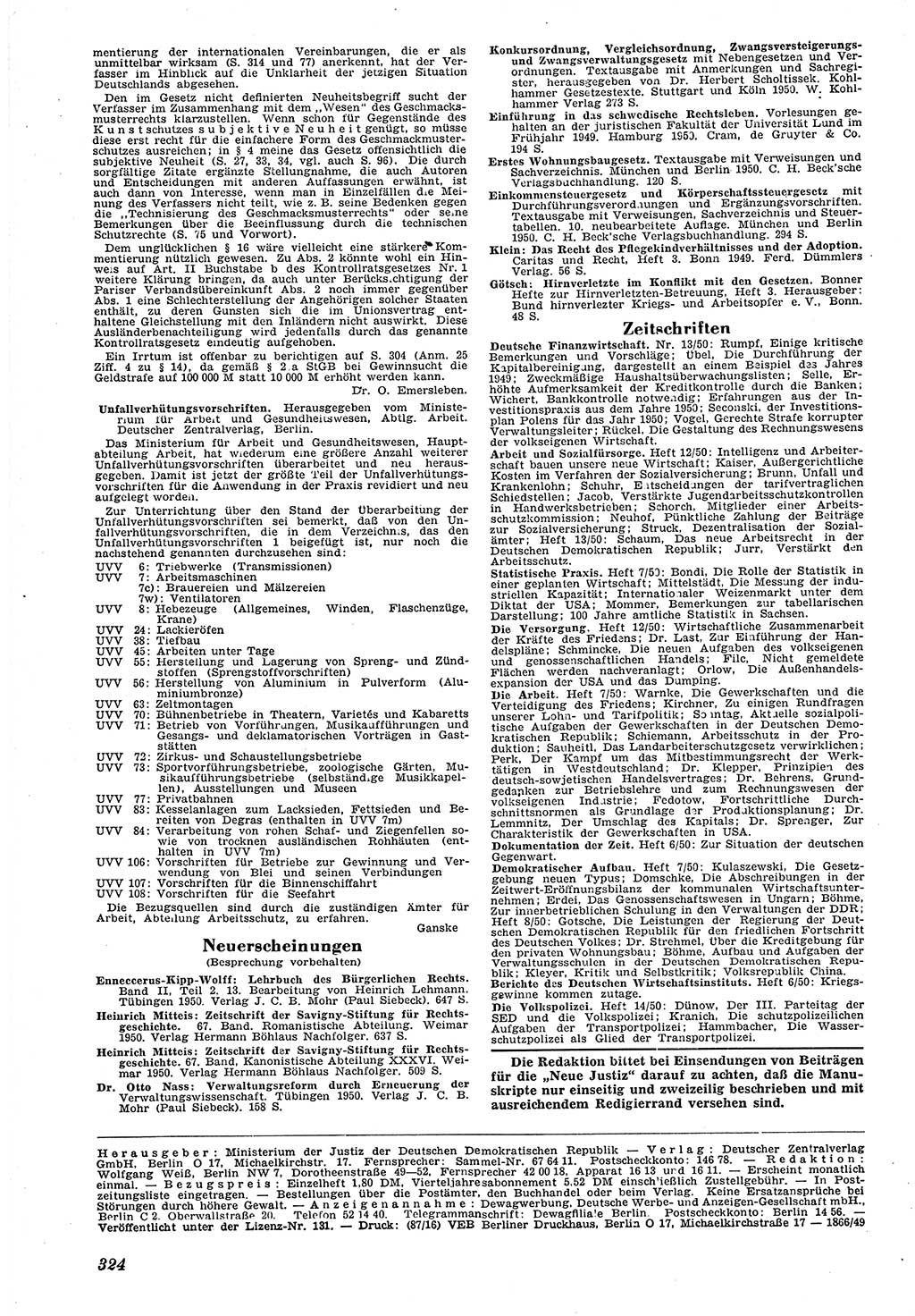 Neue Justiz (NJ), Zeitschrift für Recht und Rechtswissenschaft [Deutsche Demokratische Republik (DDR)], 4. Jahrgang 1950, Seite 324 (NJ DDR 1950, S. 324)