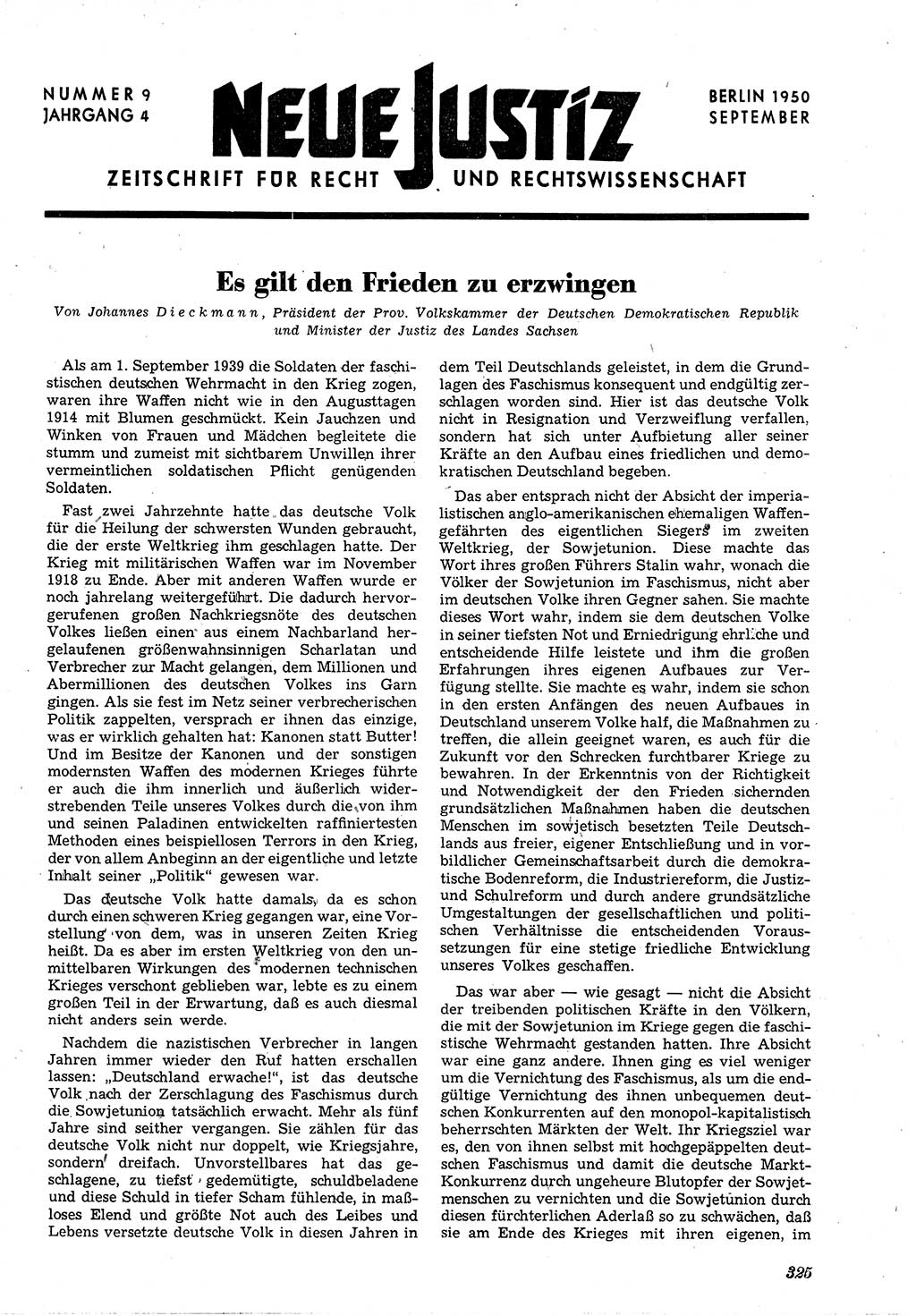 Neue Justiz (NJ), Zeitschrift für Recht und Rechtswissenschaft [Deutsche Demokratische Republik (DDR)], 4. Jahrgang 1950, Seite 325 (NJ DDR 1950, S. 325)