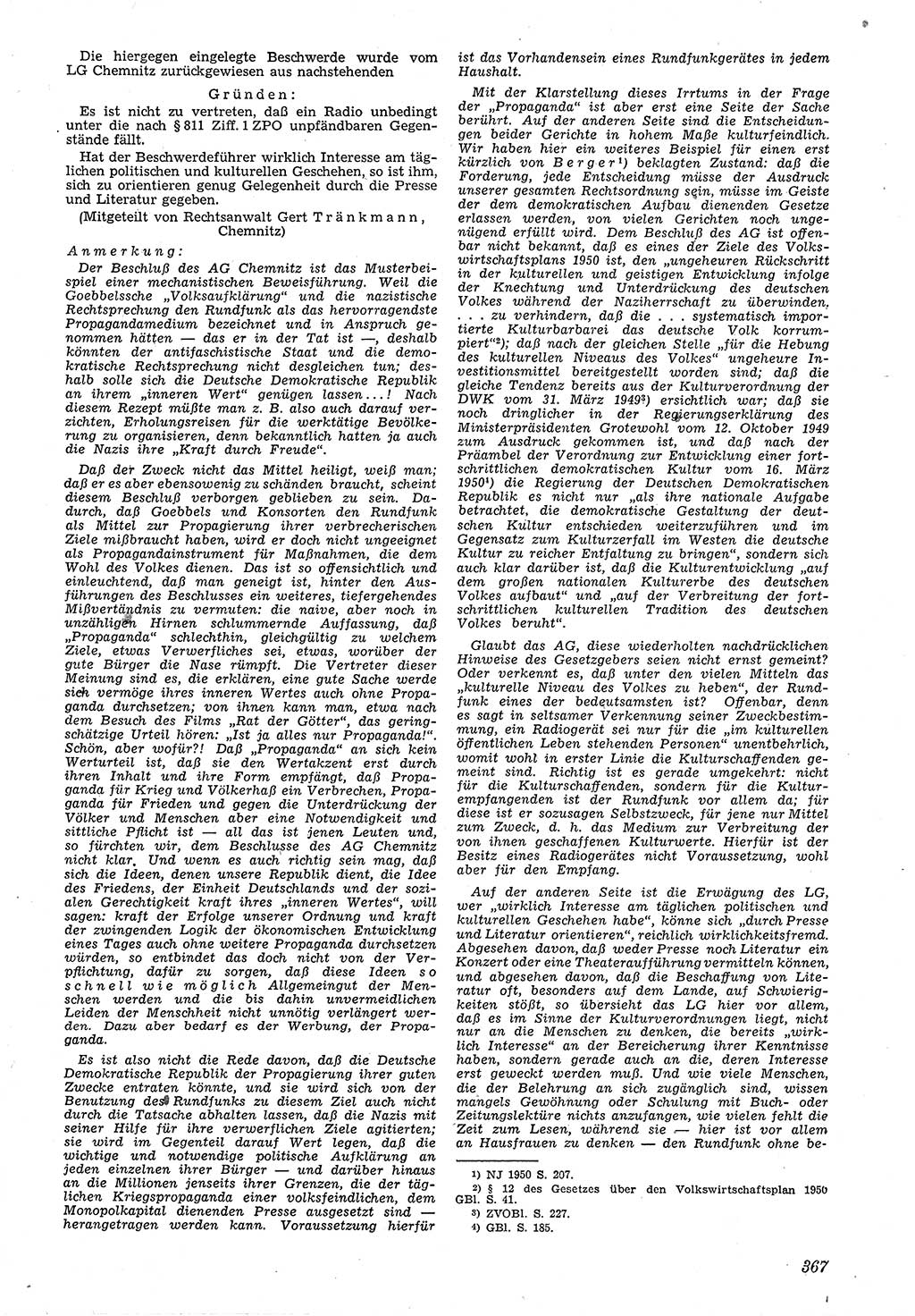 Neue Justiz (NJ), Zeitschrift für Recht und Rechtswissenschaft [Deutsche Demokratische Republik (DDR)], 4. Jahrgang 1950, Seite 367 (NJ DDR 1950, S. 367)