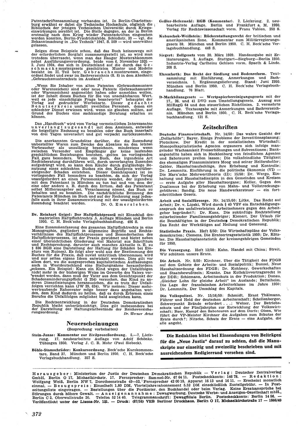 Neue Justiz (NJ), Zeitschrift für Recht und Rechtswissenschaft [Deutsche Demokratische Republik (DDR)], 4. Jahrgang 1950, Seite 372 (NJ DDR 1950, S. 372)