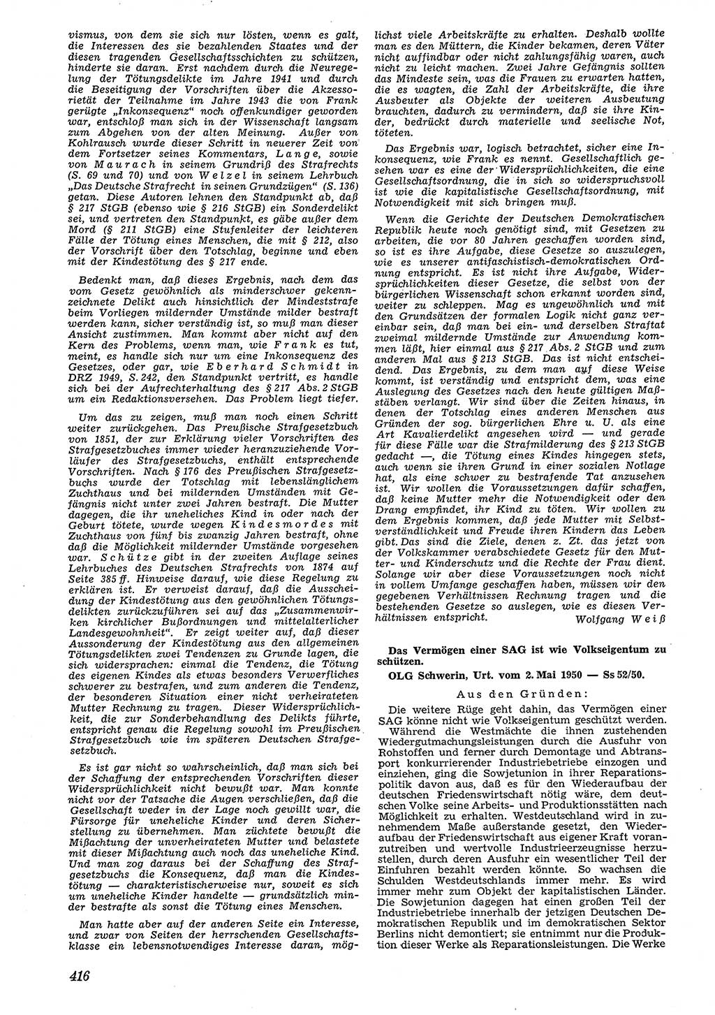 Neue Justiz (NJ), Zeitschrift für Recht und Rechtswissenschaft [Deutsche Demokratische Republik (DDR)], 4. Jahrgang 1950, Seite 416 (NJ DDR 1950, S. 416)
