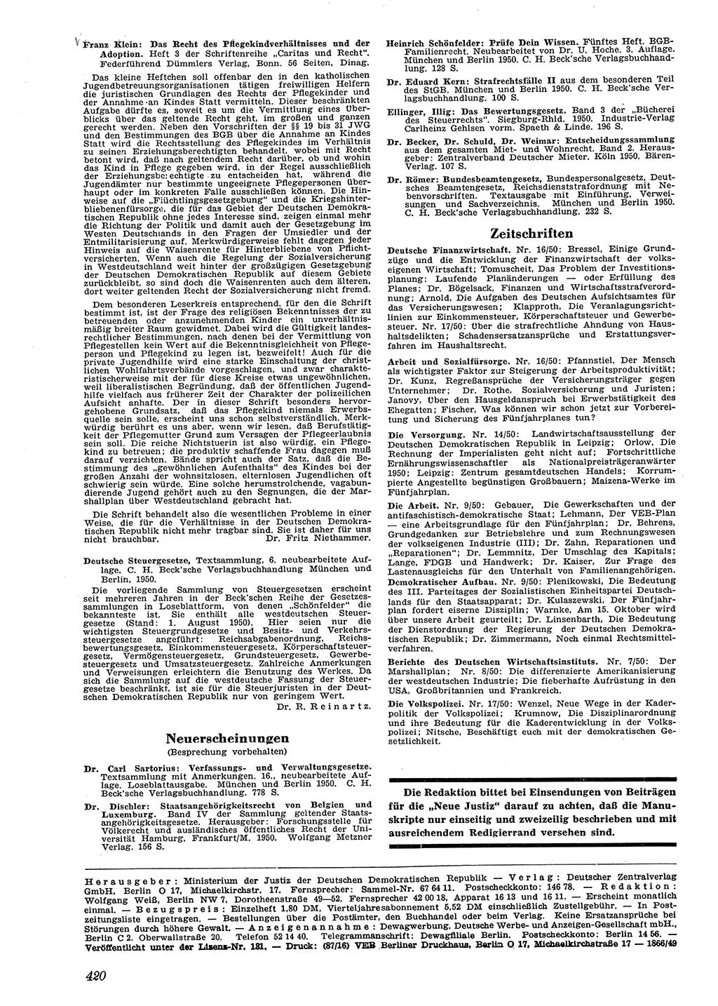 Neue Justiz (NJ), Zeitschrift für Recht und Rechtswissenschaft [Deutsche Demokratische Republik (DDR)], 4. Jahrgang 1950, Seite 420 (NJ DDR 1950, S. 420)