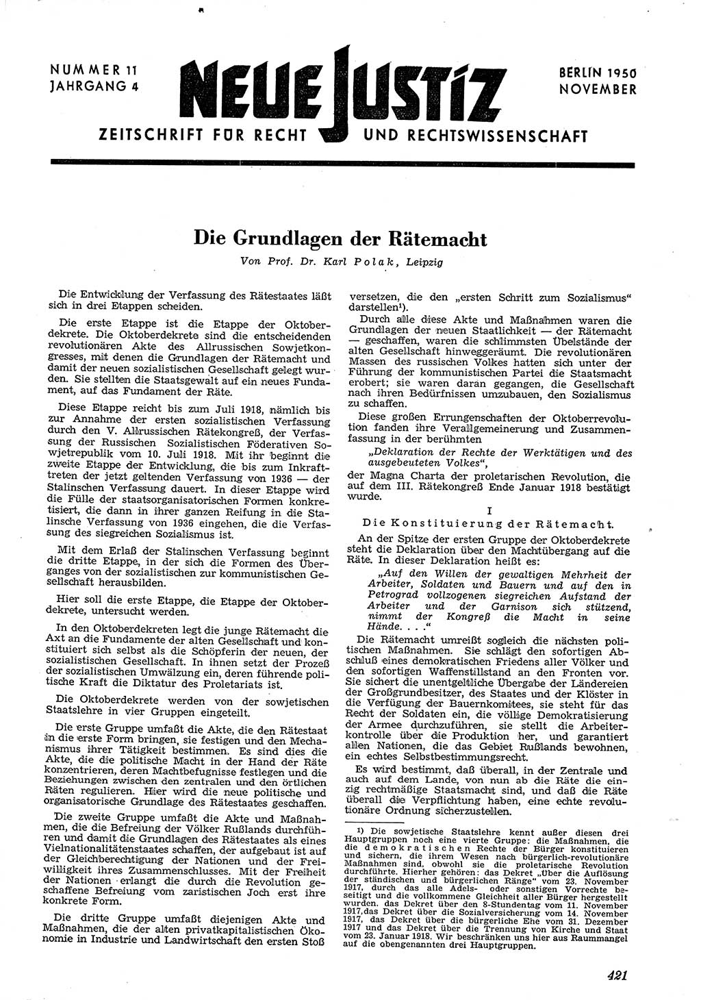 Neue Justiz (NJ), Zeitschrift für Recht und Rechtswissenschaft [Deutsche Demokratische Republik (DDR)], 4. Jahrgang 1950, Seite 421 (NJ DDR 1950, S. 421)