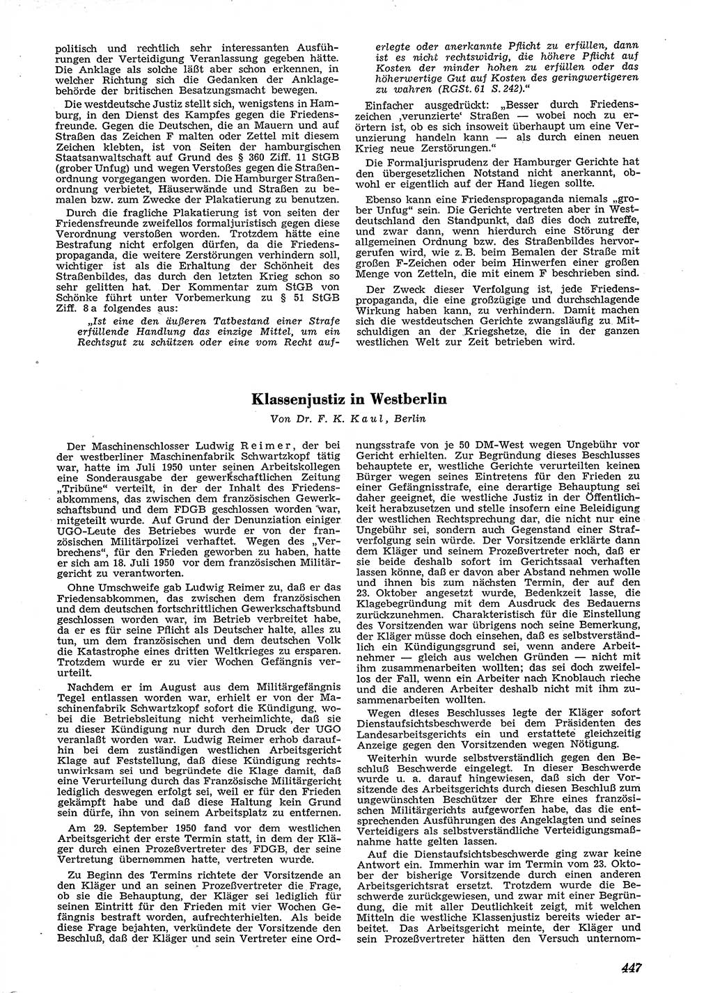 Neue Justiz (NJ), Zeitschrift für Recht und Rechtswissenschaft [Deutsche Demokratische Republik (DDR)], 4. Jahrgang 1950, Seite 447 (NJ DDR 1950, S. 447)
