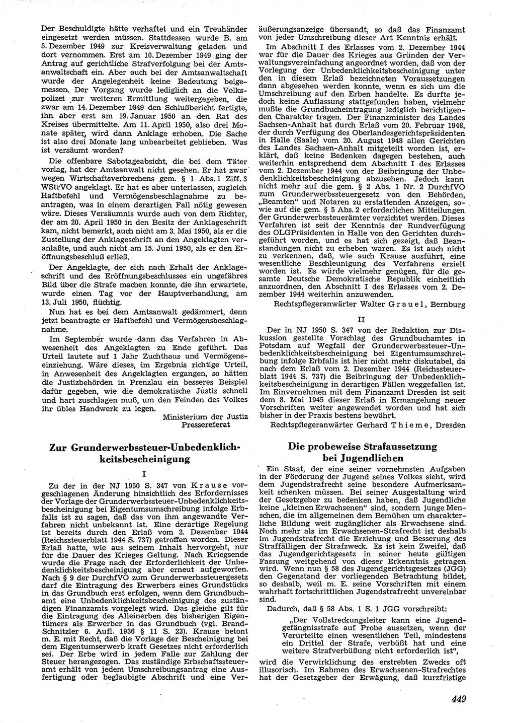 Neue Justiz (NJ), Zeitschrift für Recht und Rechtswissenschaft [Deutsche Demokratische Republik (DDR)], 4. Jahrgang 1950, Seite 449 (NJ DDR 1950, S. 449)
