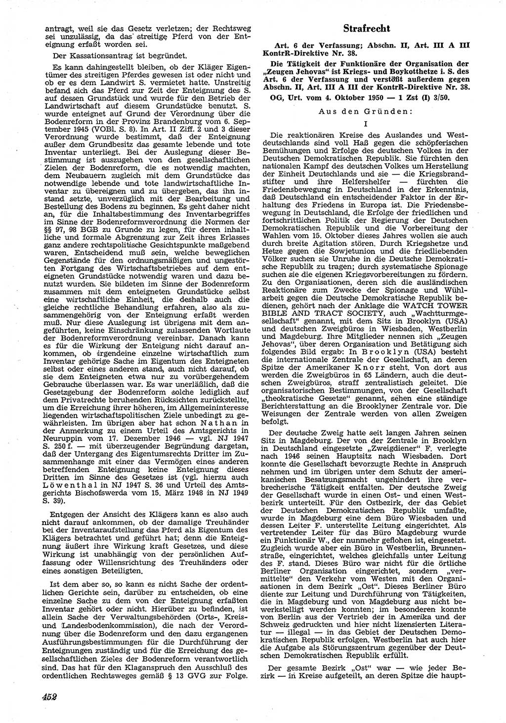Neue Justiz (NJ), Zeitschrift für Recht und Rechtswissenschaft [Deutsche Demokratische Republik (DDR)], 4. Jahrgang 1950, Seite 452 (NJ DDR 1950, S. 452)