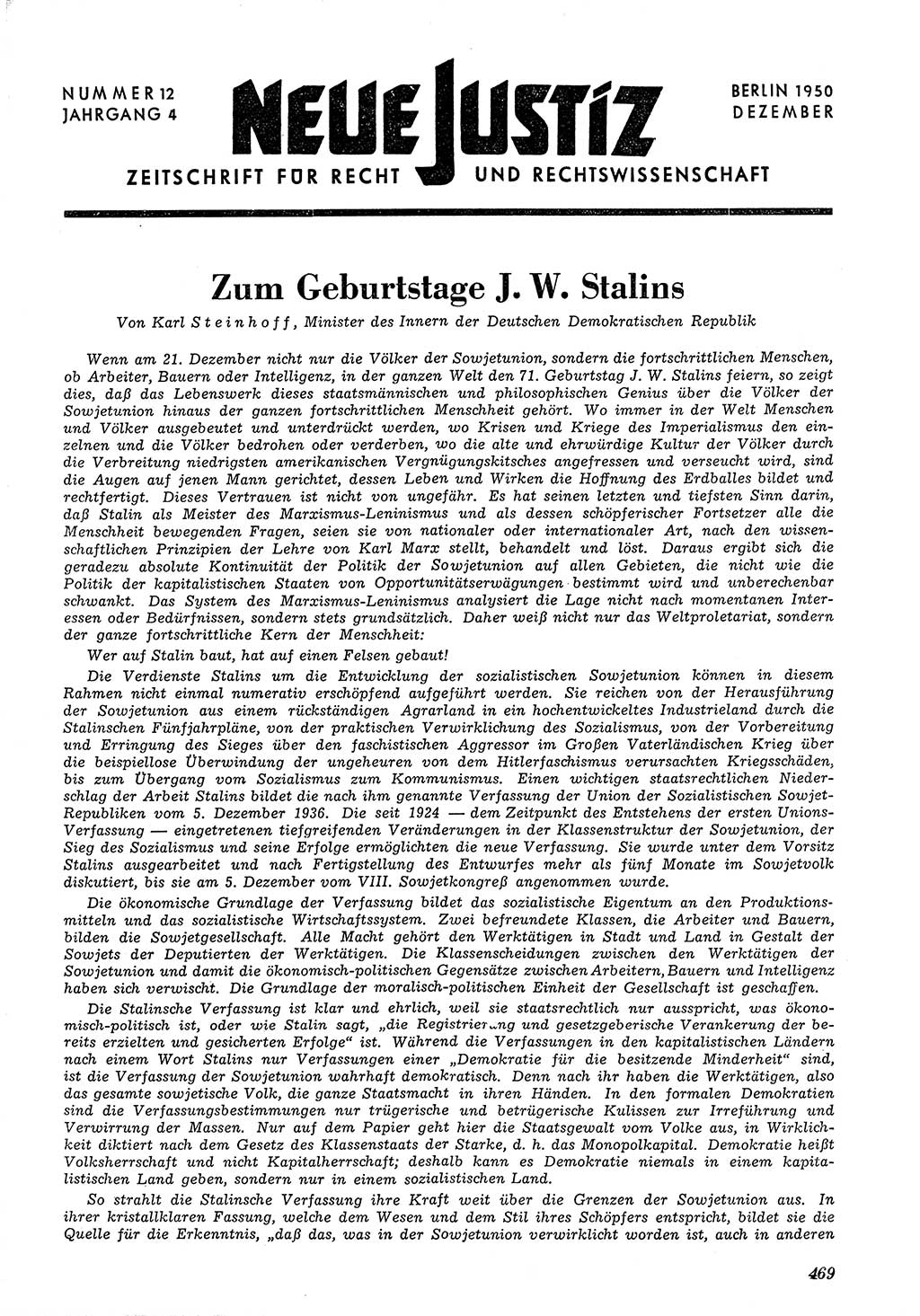 Neue Justiz (NJ), Zeitschrift für Recht und Rechtswissenschaft [Deutsche Demokratische Republik (DDR)], 4. Jahrgang 1950, Seite 469 (NJ DDR 1950, S. 469)