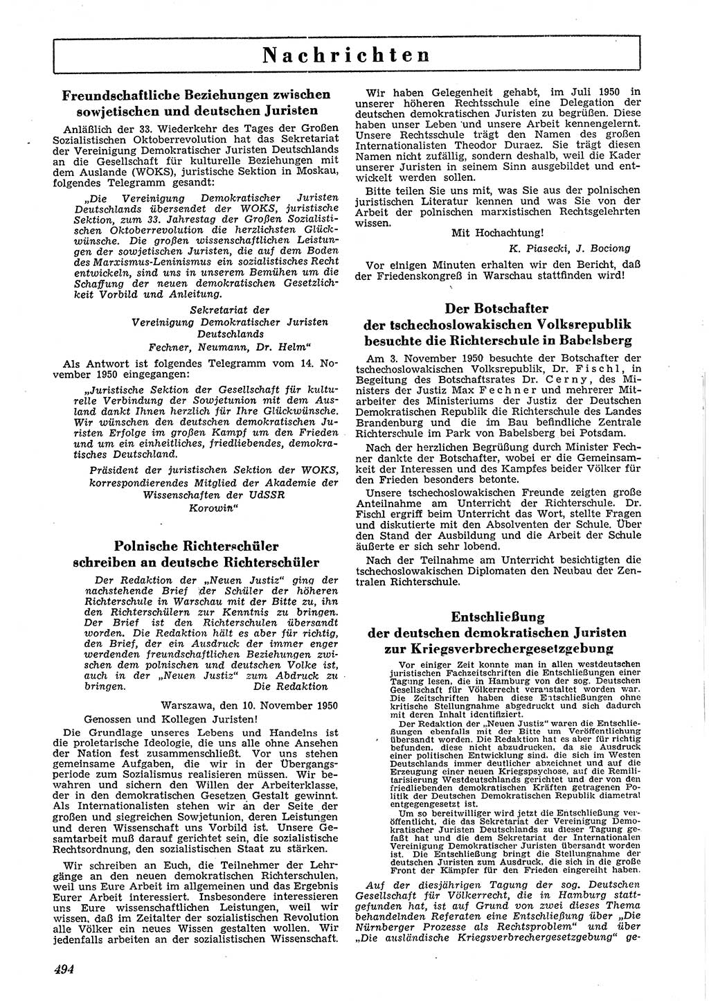 Neue Justiz (NJ), Zeitschrift für Recht und Rechtswissenschaft [Deutsche Demokratische Republik (DDR)], 4. Jahrgang 1950, Seite 494 (NJ DDR 1950, S. 494)