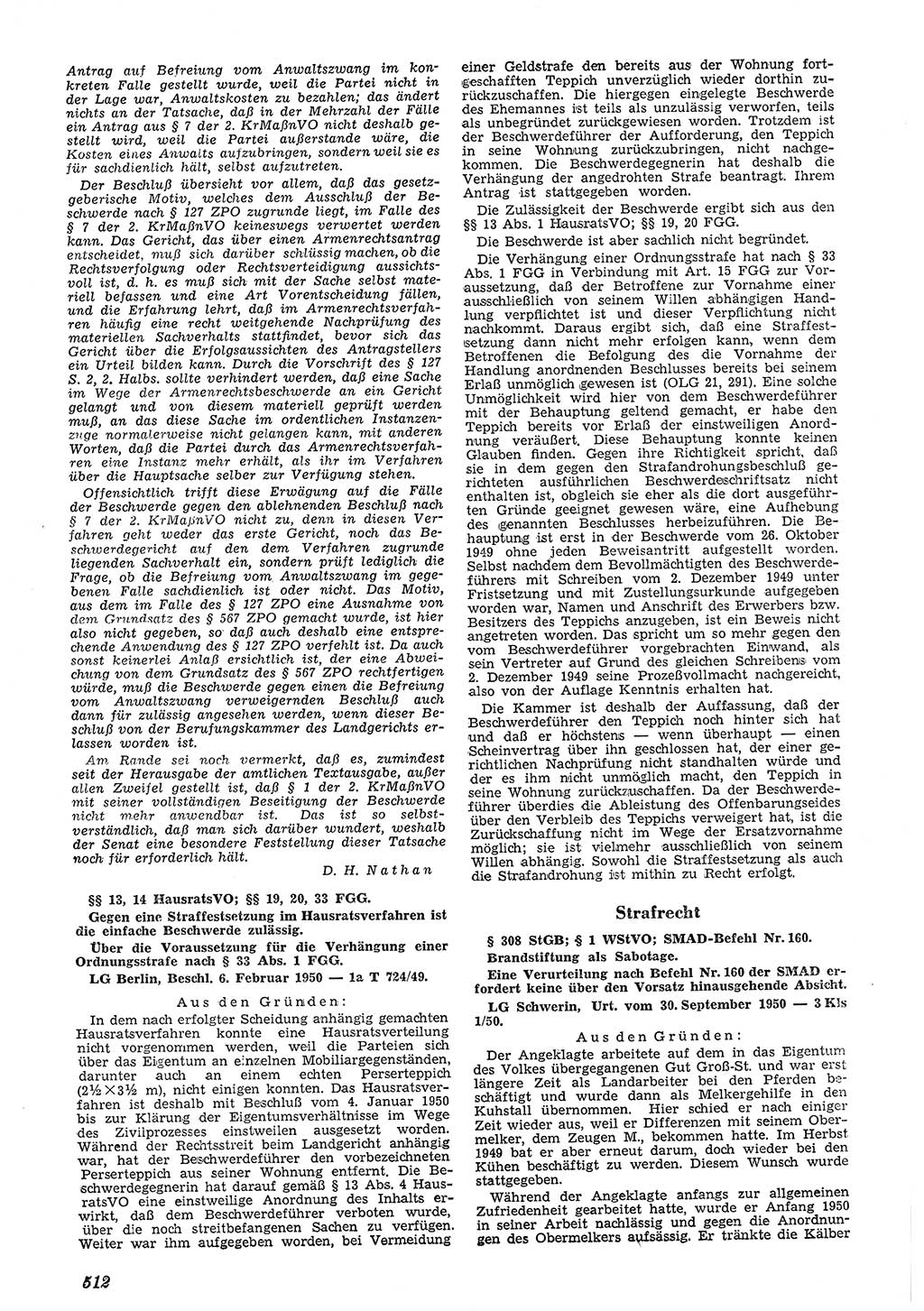 Neue Justiz (NJ), Zeitschrift für Recht und Rechtswissenschaft [Deutsche Demokratische Republik (DDR)], 4. Jahrgang 1950, Seite 512 (NJ DDR 1950, S. 512)