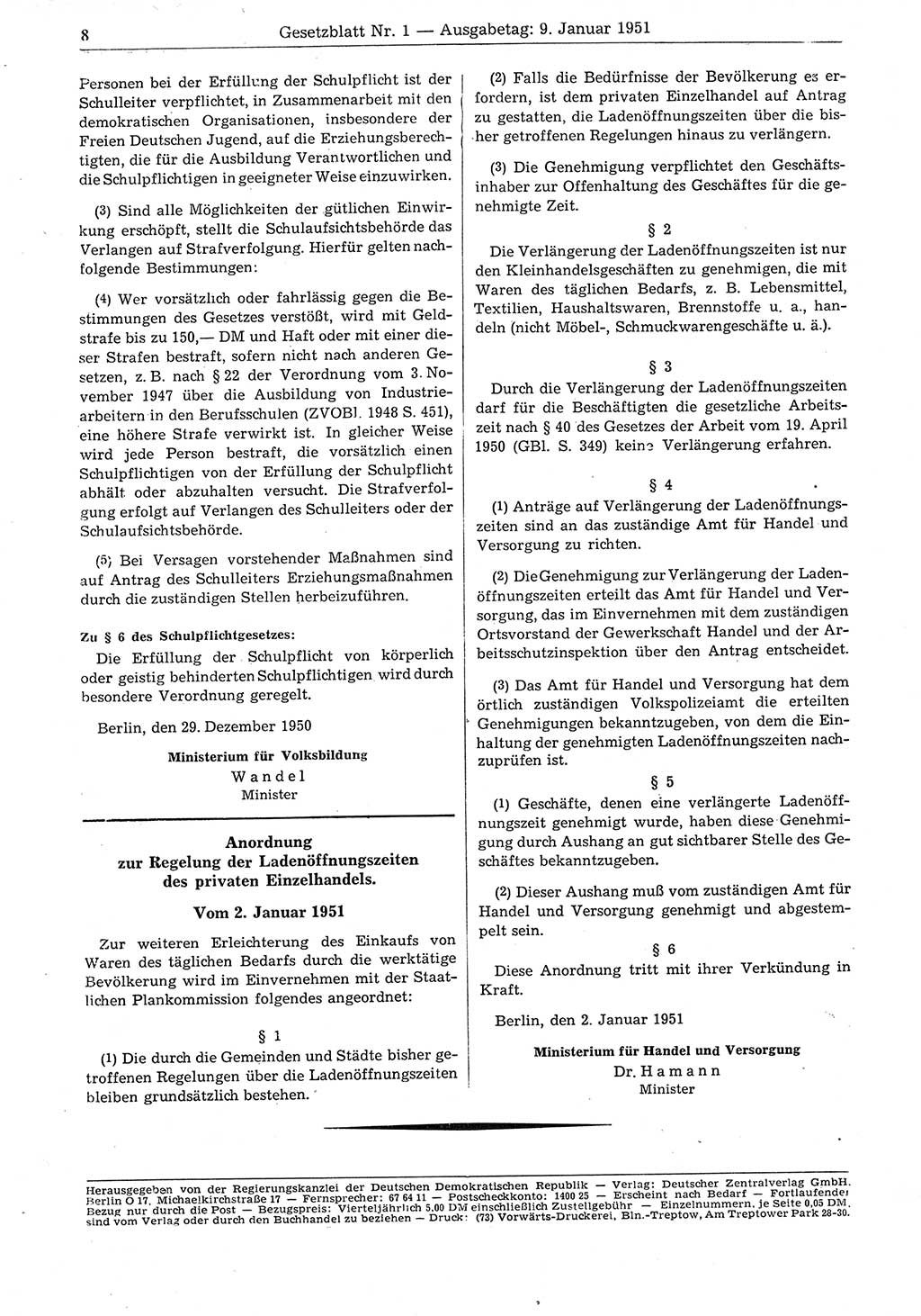 Gesetzblatt (GBl.) der Deutschen Demokratischen Republik (DDR) 1951, Seite 8 (GBl. DDR 1951, S. 8)