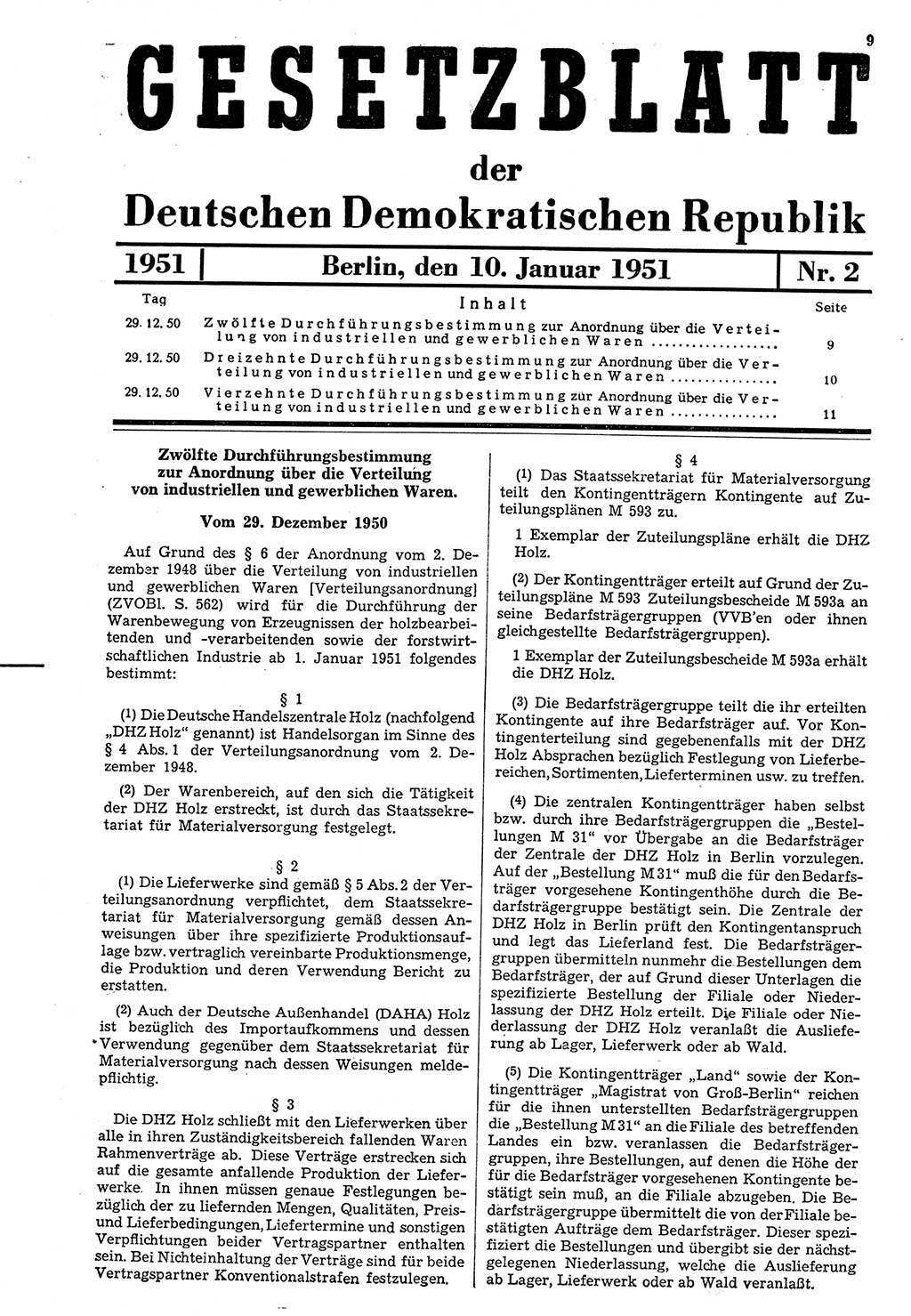 Gesetzblatt (GBl.) der Deutschen Demokratischen Republik (DDR) 1951, Seite 9 (GBl. DDR 1951, S. 9)