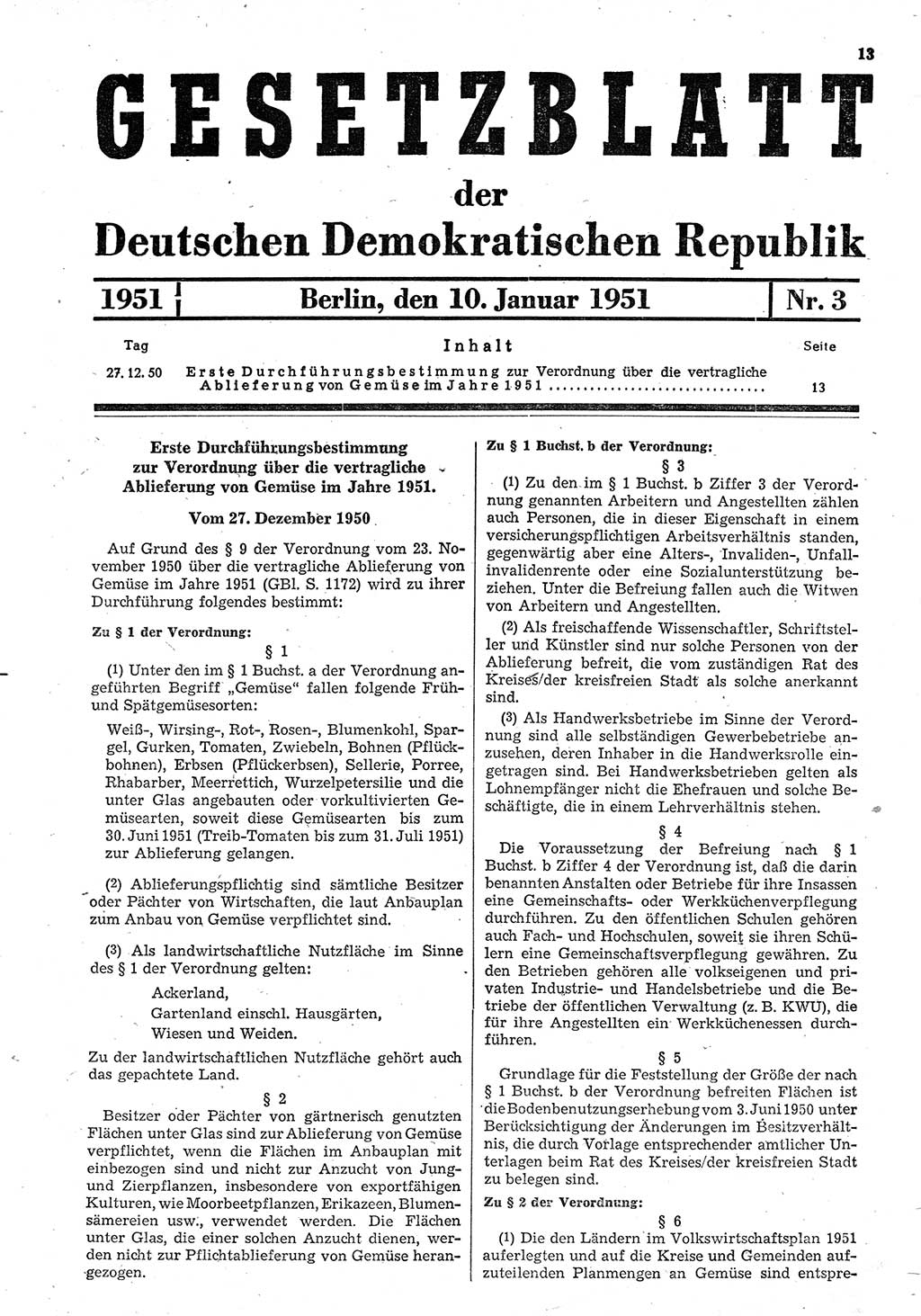 Gesetzblatt (GBl.) der Deutschen Demokratischen Republik (DDR) 1951, Seite 13 (GBl. DDR 1951, S. 13)