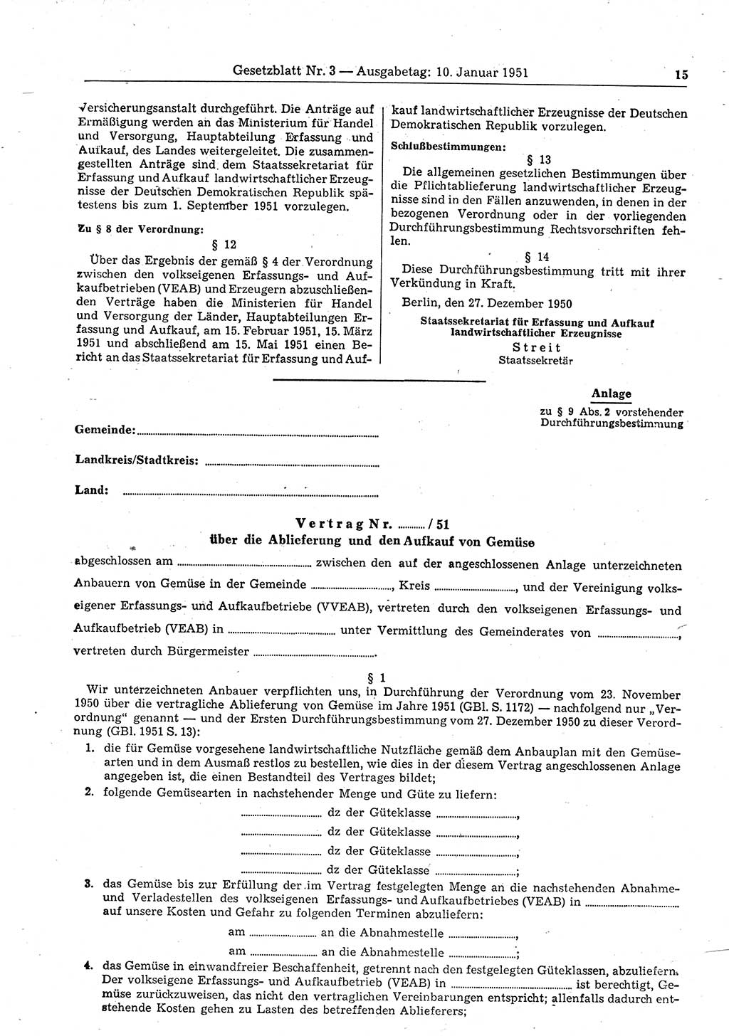 Gesetzblatt (GBl.) der Deutschen Demokratischen Republik (DDR) 1951, Seite 15 (GBl. DDR 1951, S. 15)