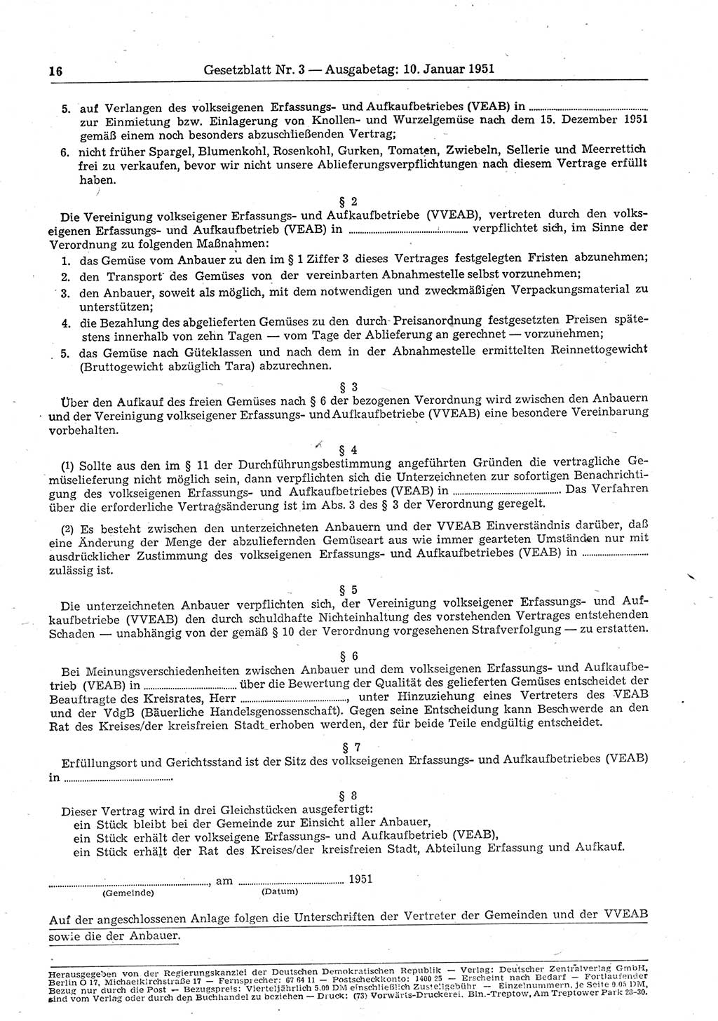 Gesetzblatt (GBl.) der Deutschen Demokratischen Republik (DDR) 1951, Seite 16 (GBl. DDR 1951, S. 16)