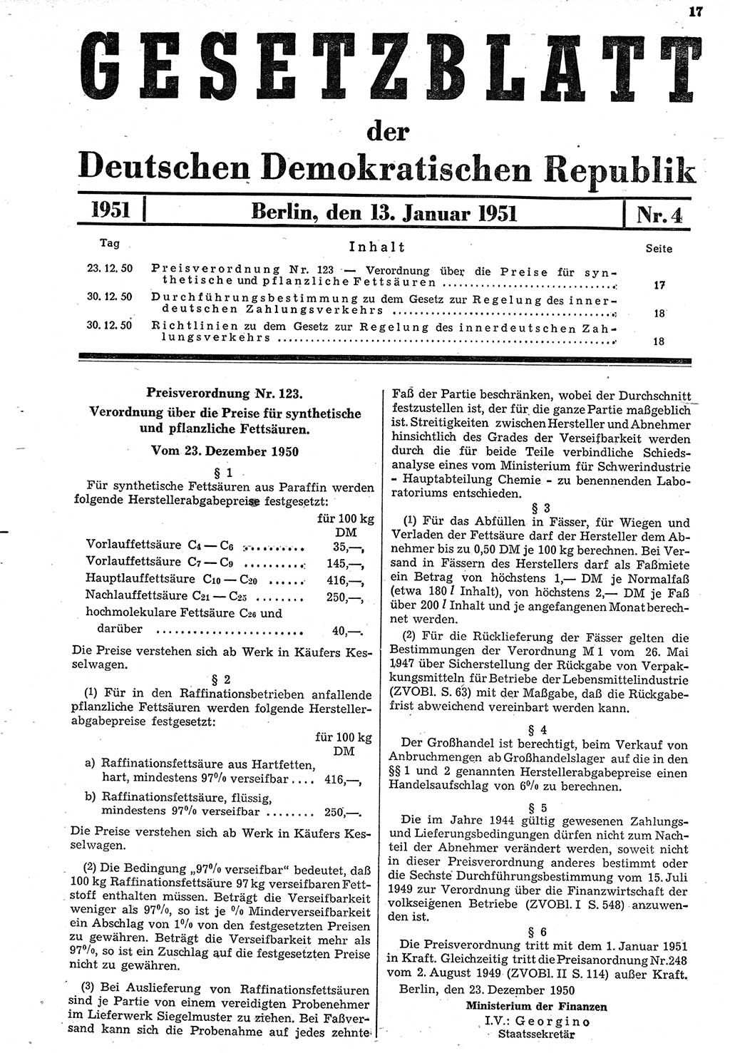 Gesetzblatt (GBl.) der Deutschen Demokratischen Republik (DDR) 1951, Seite 17 (GBl. DDR 1951, S. 17)
