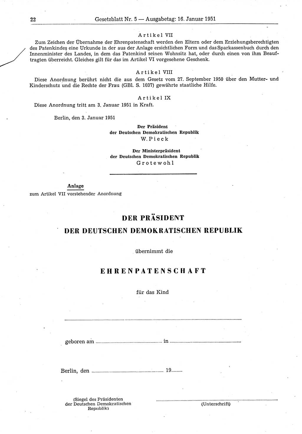 Gesetzblatt (GBl.) der Deutschen Demokratischen Republik (DDR) 1951, Seite 22 (GBl. DDR 1951, S. 22)