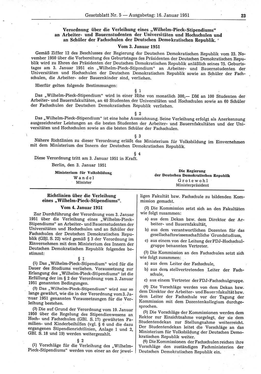 Gesetzblatt (GBl.) der Deutschen Demokratischen Republik (DDR) 1951, Seite 23 (GBl. DDR 1951, S. 23)