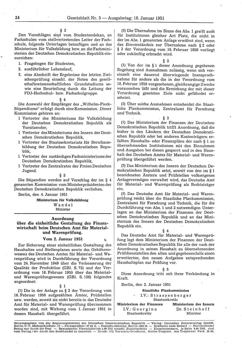 Gesetzblatt (GBl.) der Deutschen Demokratischen Republik (DDR) 1951, Seite 24 (GBl. DDR 1951, S. 24)