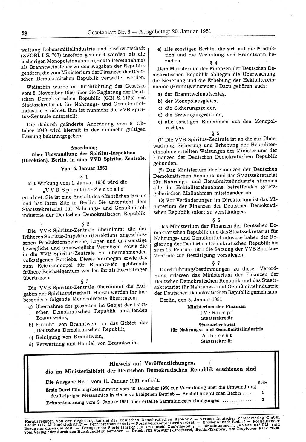 Gesetzblatt (GBl.) der Deutschen Demokratischen Republik (DDR) 1951, Seite 28 (GBl. DDR 1951, S. 28)