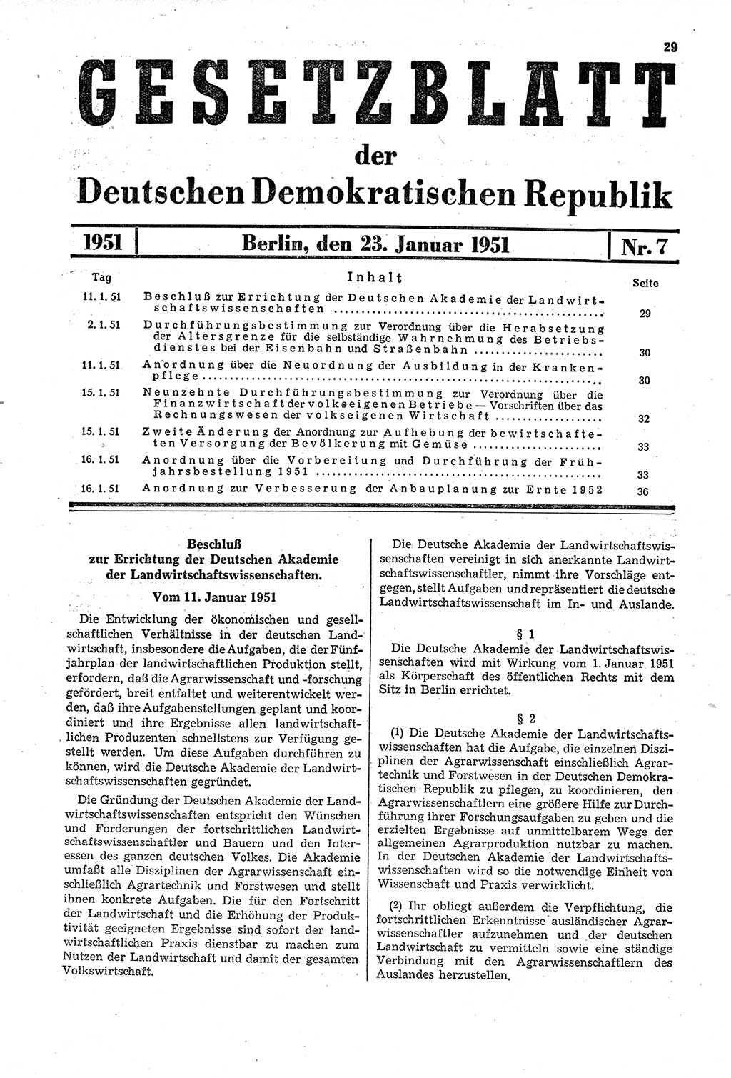 Gesetzblatt (GBl.) der Deutschen Demokratischen Republik (DDR) 1951, Seite 29 (GBl. DDR 1951, S. 29)