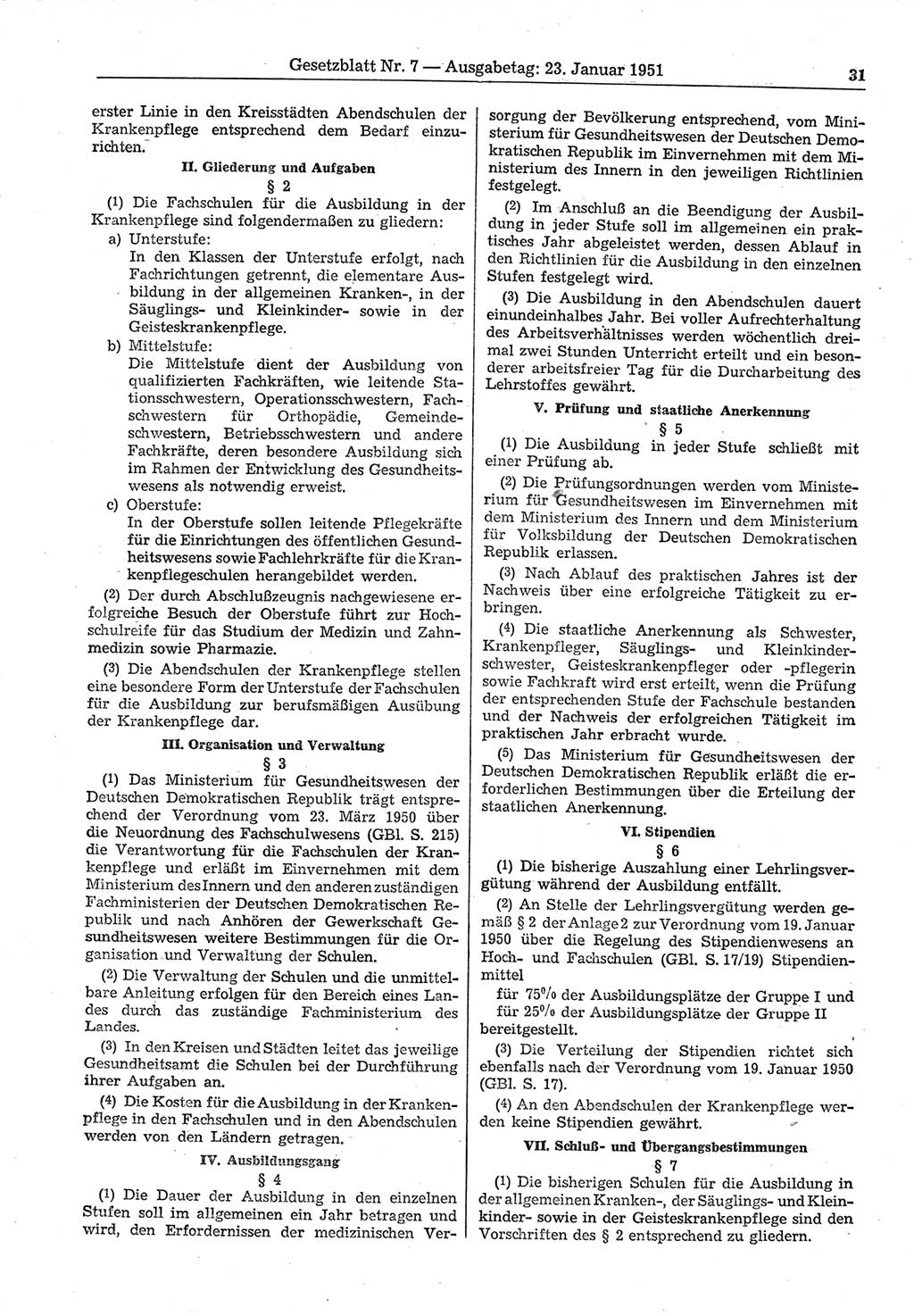Gesetzblatt (GBl.) der Deutschen Demokratischen Republik (DDR) 1951, Seite 31 (GBl. DDR 1951, S. 31)