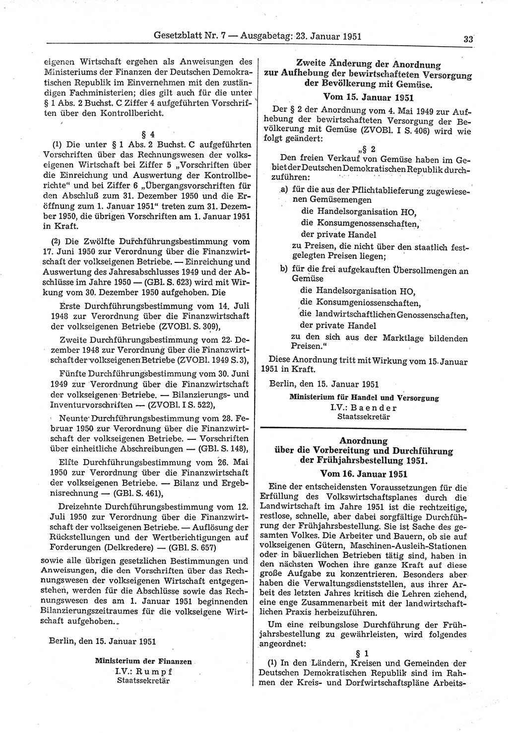 Gesetzblatt (GBl.) der Deutschen Demokratischen Republik (DDR) 1951, Seite 33 (GBl. DDR 1951, S. 33)