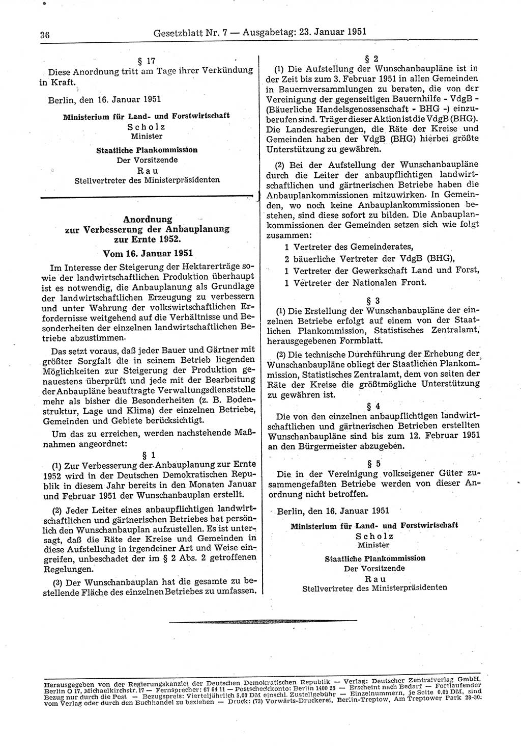 Gesetzblatt (GBl.) der Deutschen Demokratischen Republik (DDR) 1951, Seite 36 (GBl. DDR 1951, S. 36)