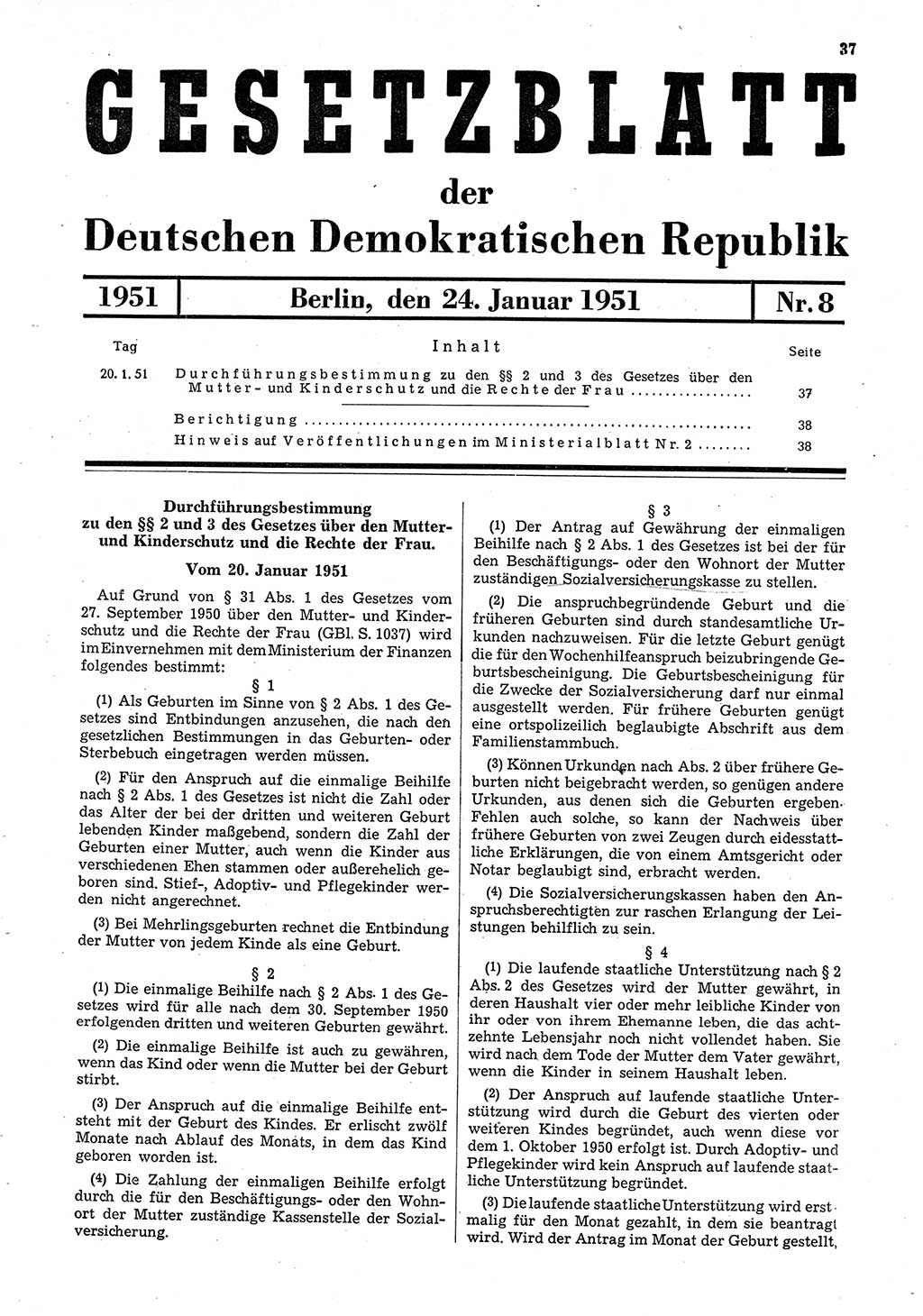 Gesetzblatt (GBl.) der Deutschen Demokratischen Republik (DDR) 1951, Seite 37 (GBl. DDR 1951, S. 37)