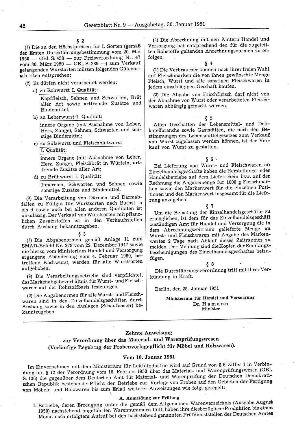 Gesetzblatt (GBl.) der Deutschen Demokratischen Republik (DDR) 1951, Seite 42 (GBl. DDR 1951, S. 42)