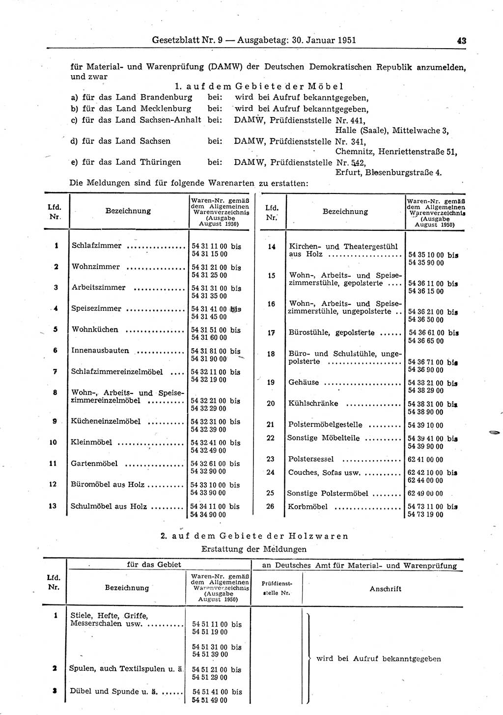 Gesetzblatt (GBl.) der Deutschen Demokratischen Republik (DDR) 1951, Seite 43 (GBl. DDR 1951, S. 43)