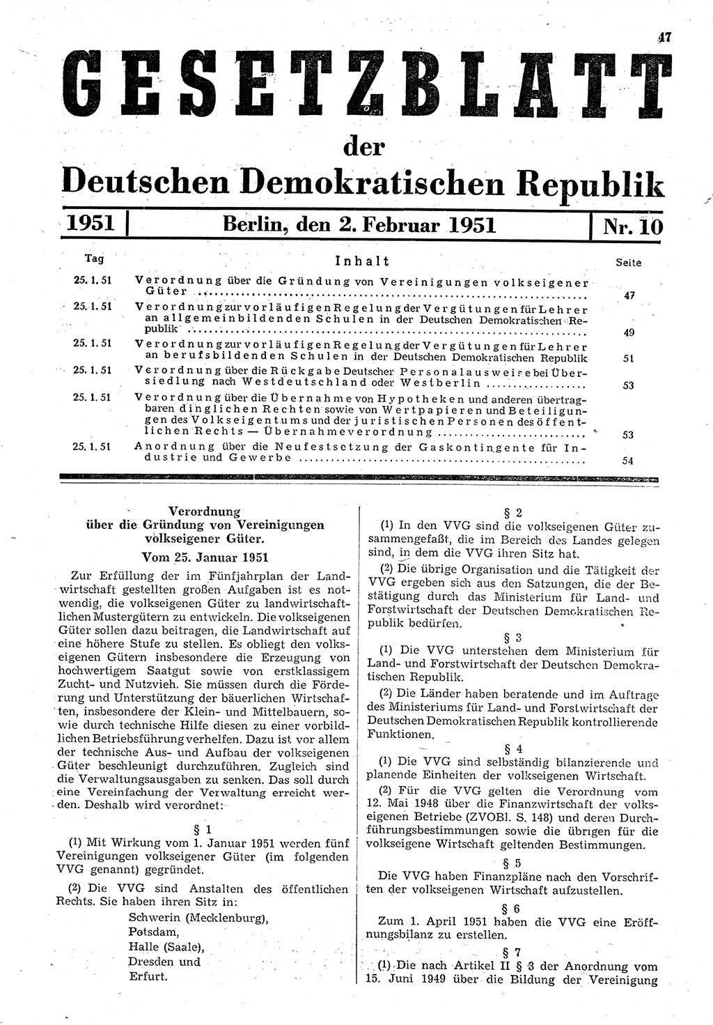 Gesetzblatt (GBl.) der Deutschen Demokratischen Republik (DDR) 1951, Seite 47 (GBl. DDR 1951, S. 47)