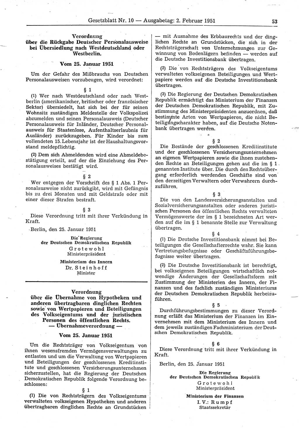 Gesetzblatt (GBl.) der Deutschen Demokratischen Republik (DDR) 1951, Seite 53 (GBl. DDR 1951, S. 53)