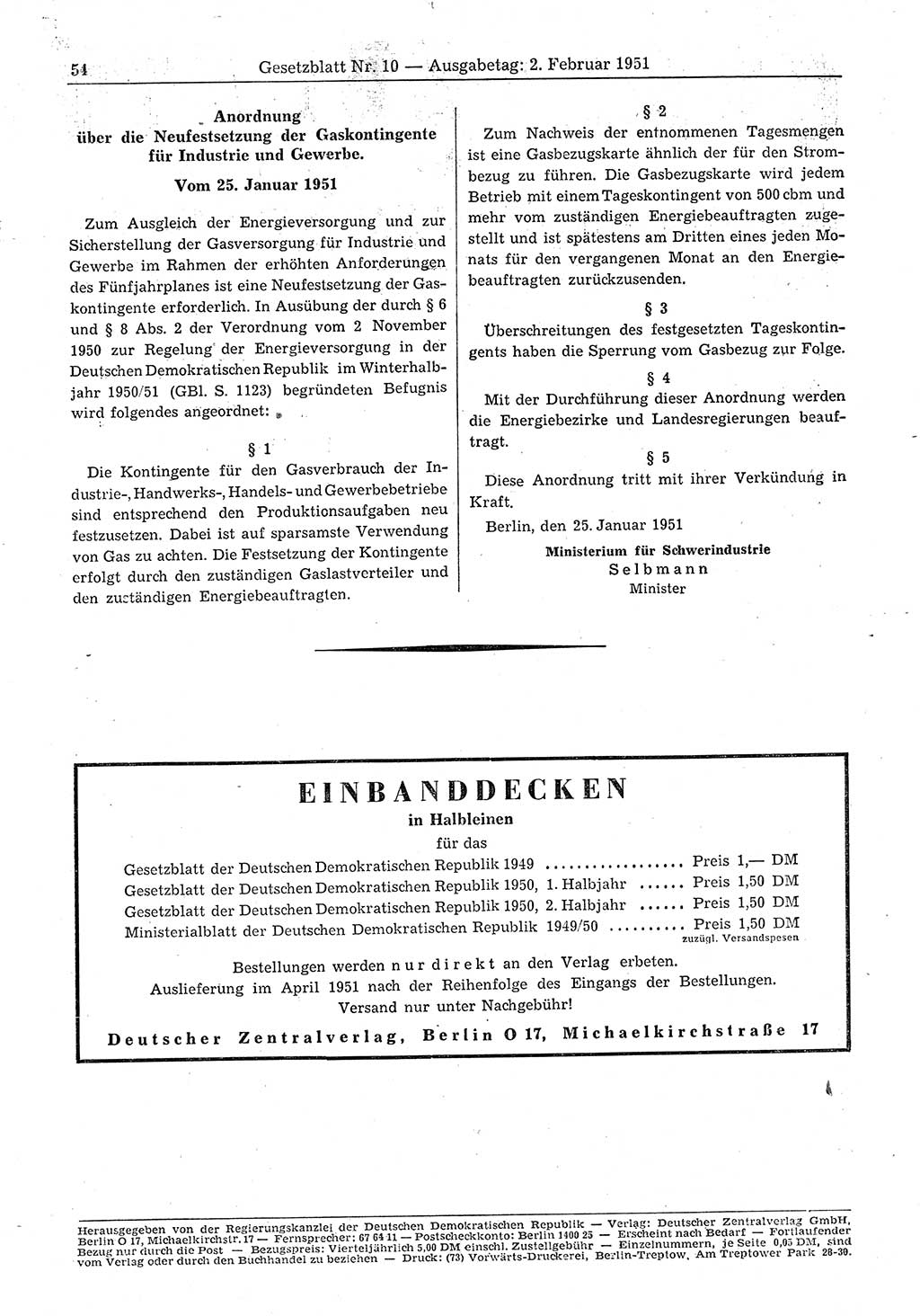 Gesetzblatt (GBl.) der Deutschen Demokratischen Republik (DDR) 1951, Seite 54 (GBl. DDR 1951, S. 54)