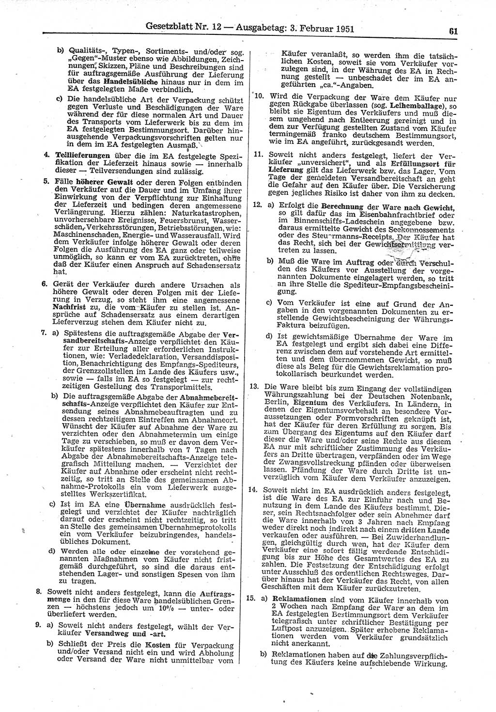Gesetzblatt (GBl.) der Deutschen Demokratischen Republik (DDR) 1951, Seite 61 (GBl. DDR 1951, S. 61)