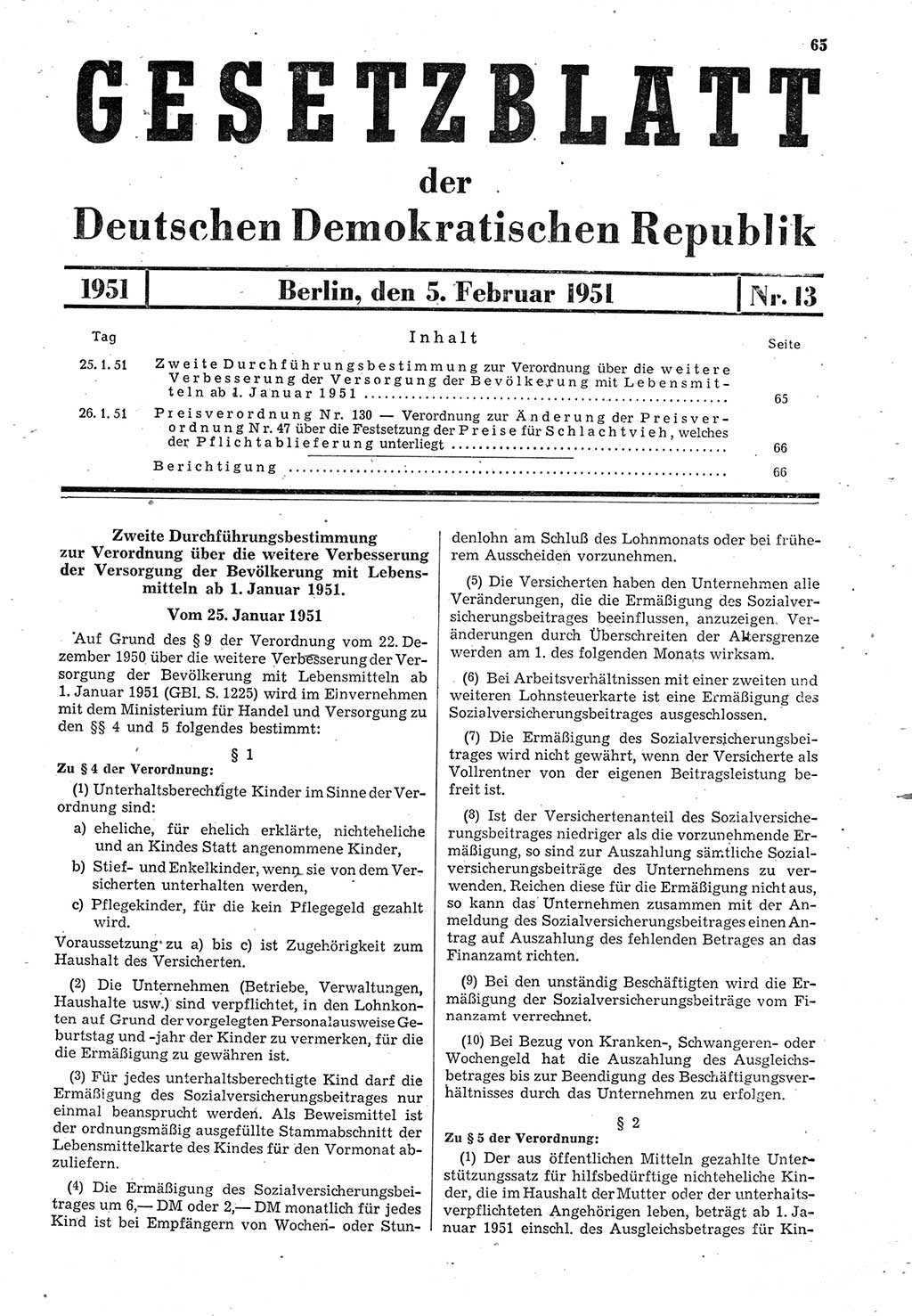 Gesetzblatt (GBl.) der Deutschen Demokratischen Republik (DDR) 1951, Seite 65 (GBl. DDR 1951, S. 65)